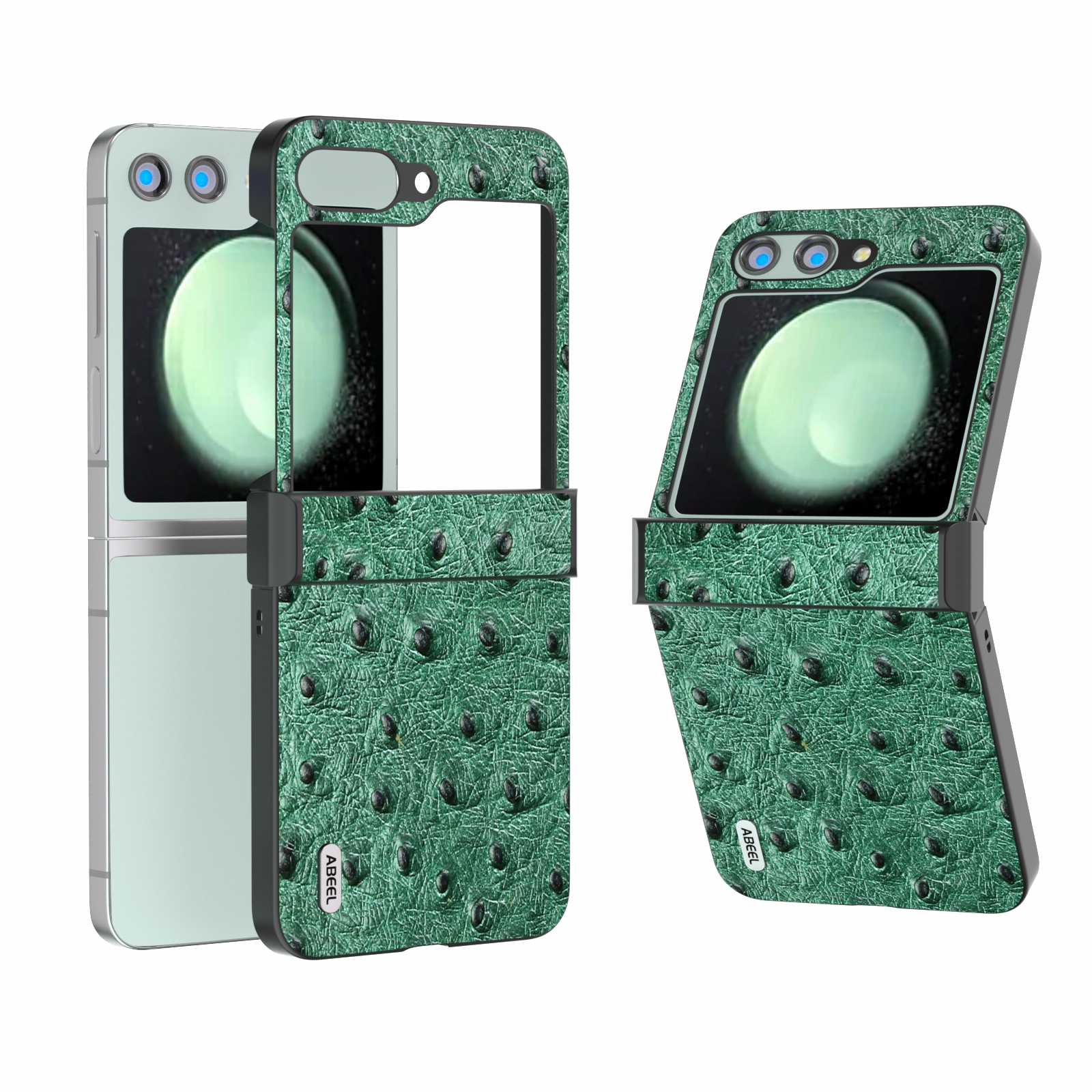For Samsung Galaxy Z Flip5 ABEEL Hinge Genuine Leather Ostrich Texture Phone Case(Green) For Samsung Galaxy Z Flip5 ABEEL Hinge Genuine Leather Ostrich Texture Phone Case(Green)