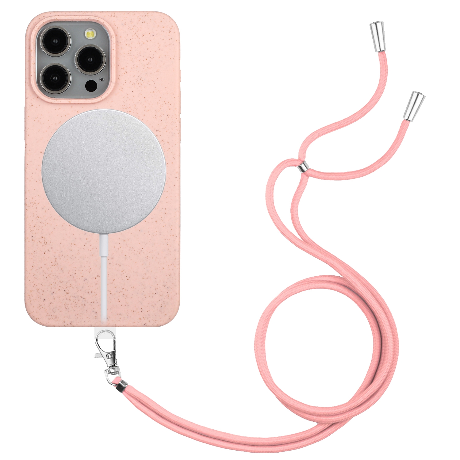 For iPhone 14 Pro Wheat MagSafe Magnetic Straw Material + TPU Phone Case with Lanyard(Pink) For iPhone 14 Pro Wheat MagSafe Magnetic Straw Material + TPU Phone Case with Lanyard(Pink)