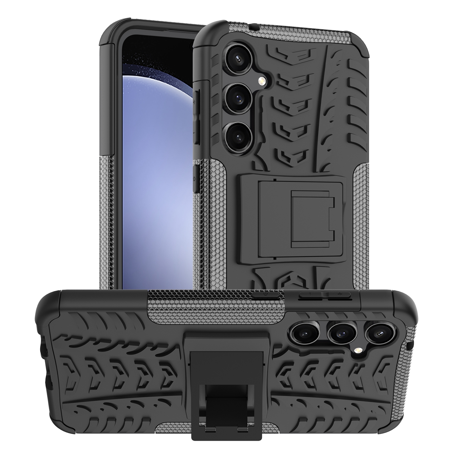 For Samsung Galaxy S23 FE 5G Tire Texture TPU + PC Phone Case with Holder(Black) For Samsung Galaxy S23 FE 5G Tire Texture TPU + PC Phone Case with Holder(Black)