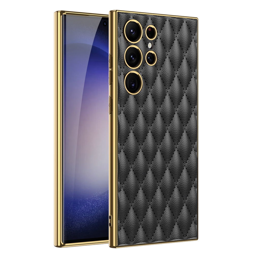 For Samsung Galaxy S24 Ultra 5G GKK Rhombus Pattern Electroplating Plain PU Phone Case(Black) For Samsung Galaxy S24 Ultra 5G GKK Rhombus Pattern Electroplating Plain PU Phone Case(Black)