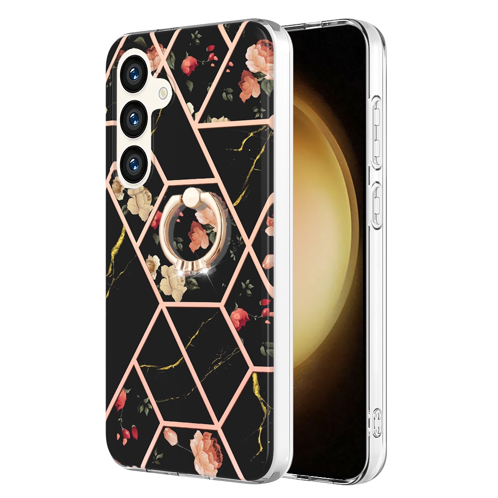 For Samsung Galaxy S24 5G Electroplating Splicing Marble Flower Pattern TPU Shockproof Case with Rhinestone Ring Holder(Black Flower) For Samsung Galaxy S24 5G Electroplating Splicing Marble Flower Pattern TPU Shockproof Case with Rhinestone Ring Holder(Black Flower)
