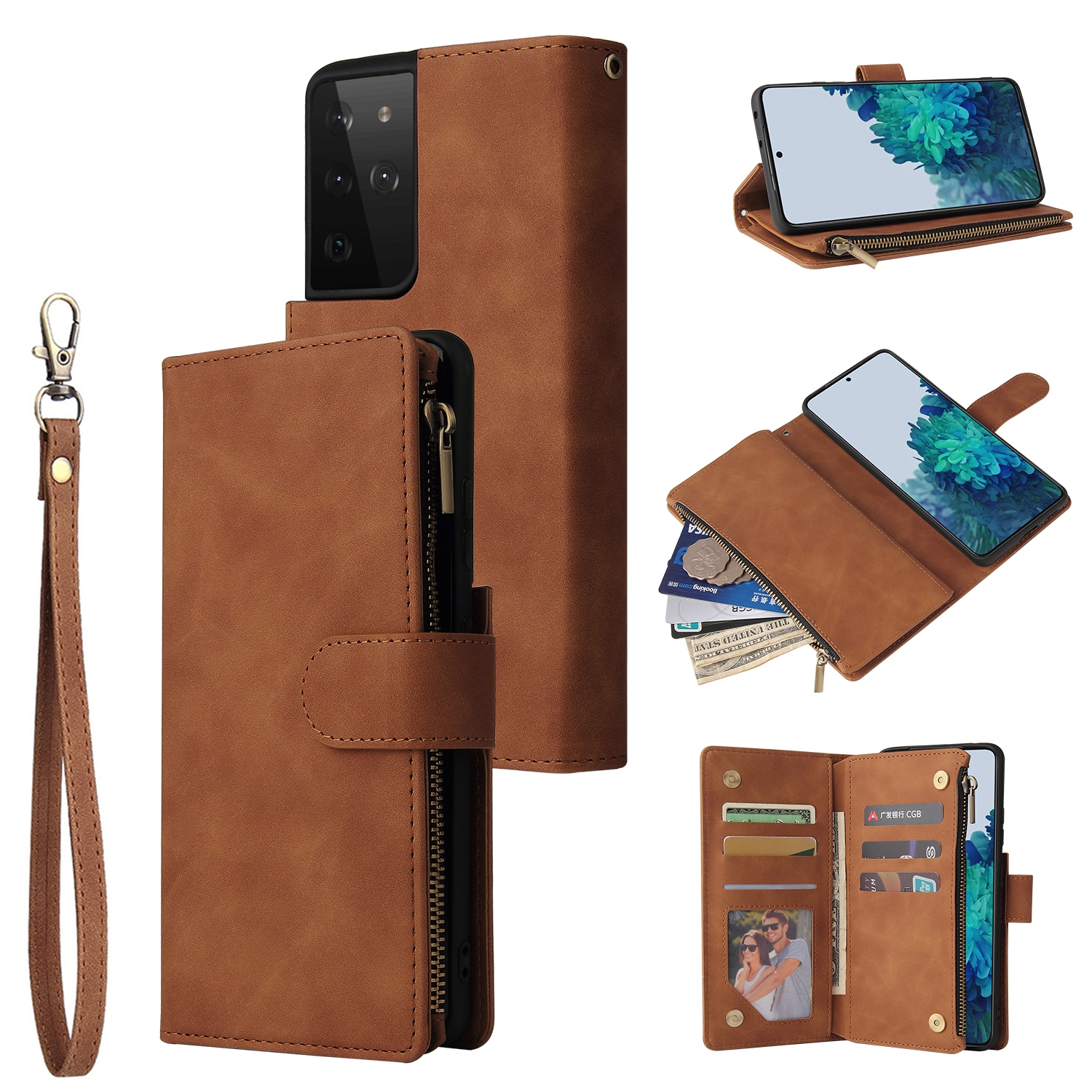For Samsung Galaxy S21 Ultra 5G Multifunctional Frosted Zipper Wallet Leather Phone Case(Brown) For Samsung Galaxy S21 Ultra 5G Multifunctional Frosted Zipper Wallet Leather Phone Case(Brown)