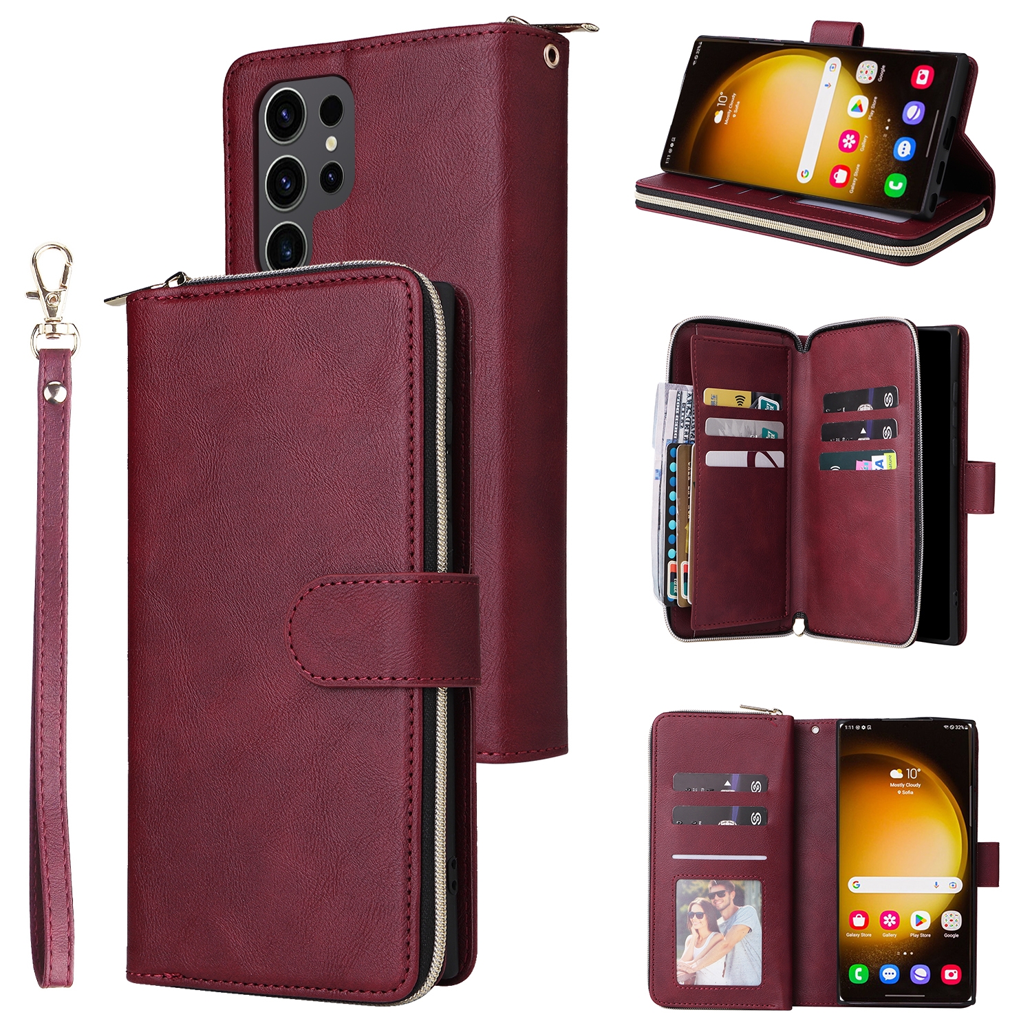 For Samsung Galaxy S24 Ultra 5G 9-Card Slots Zipper Wallet Bag Leather Phone Case(Wine Red) For Samsung Galaxy S24 Ultra 5G 9-Card Slots Zipper Wallet Bag Leather Phone Case(Wine Red)