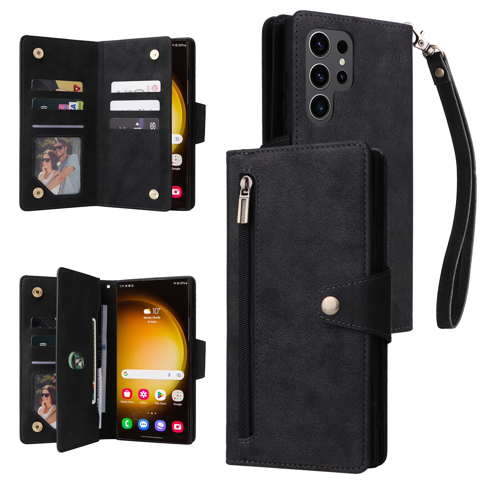 For Samsung Galaxy S24 Ultra 5G Rivet Buckle 9 Cards 3-Fold Wallet Leather Phone Case(Black) For Samsung Galaxy S24 Ultra 5G Rivet Buckle 9 Cards 3-Fold Wallet Leather Phone Case(Black)