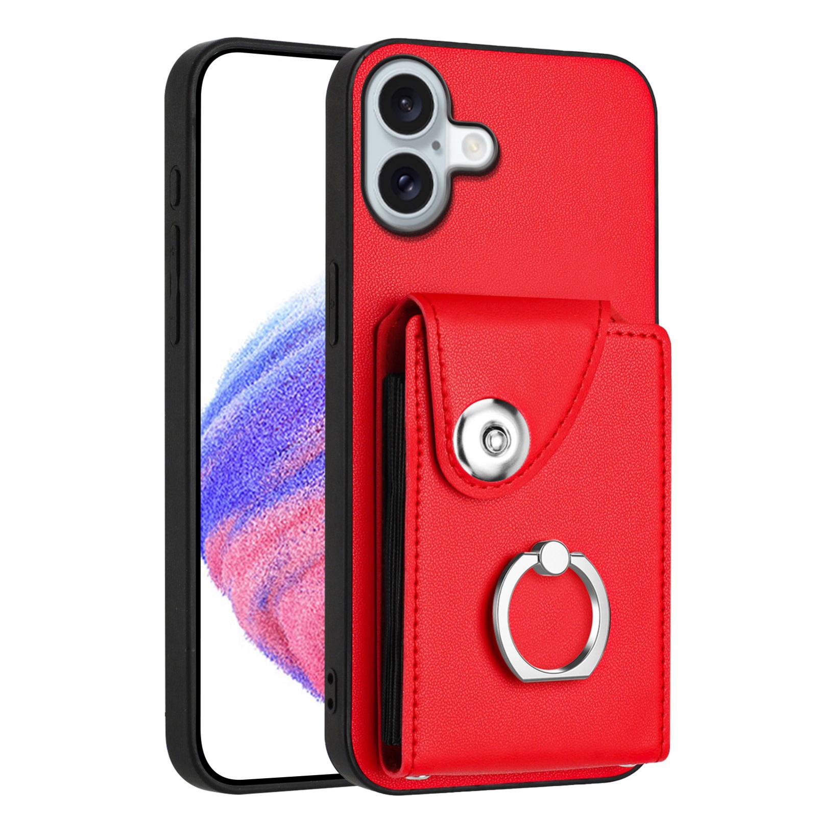 For iPhone 16 Plus Organ Card Bag Ring Holder Phone Case(Red) For iPhone 16 Plus Organ Card Bag Ring Holder Phone Case(Red)