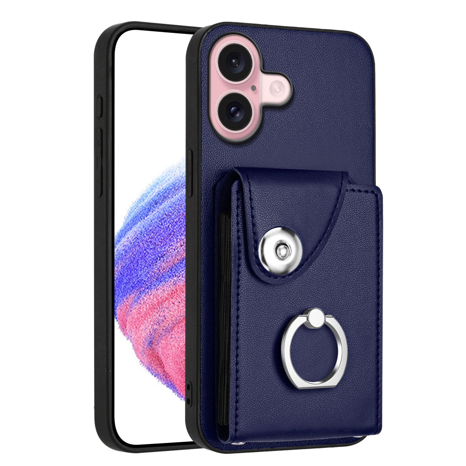 For iPhone 16 Organ Card Bag Ring Holder Phone Case(Blue) For iPhone 16 Organ Card Bag Ring Holder Phone Case(Blue)
