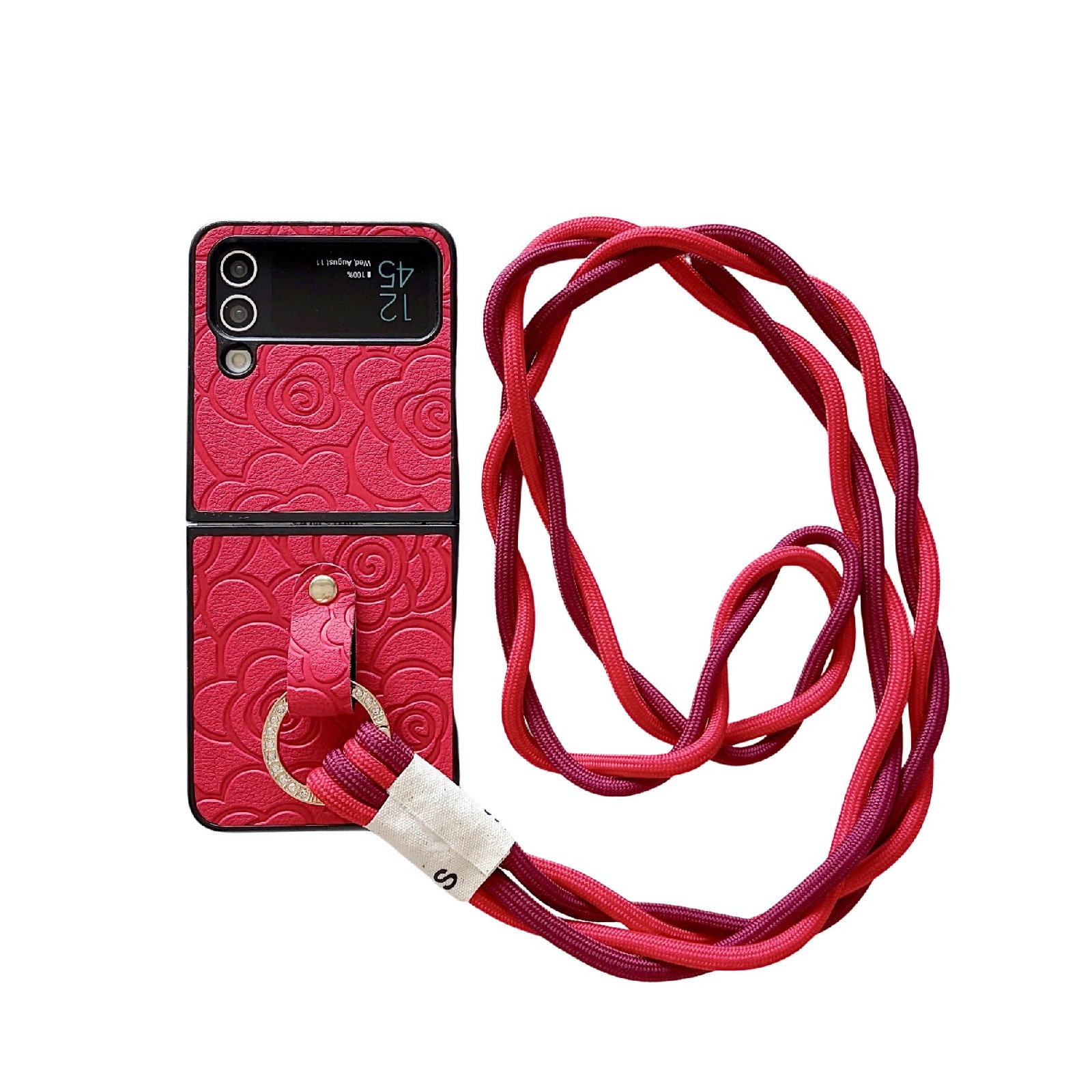 For Samsung Galaxy Z Flip4 5G Impression Camellia Pattern Protective Phone Case with Diamond Ring Long Lanyard(Red) For Samsung Galaxy Z Flip4 5G Impression Camellia Pattern Protective Phone Case with Diamond Ring Long Lanyard(Red)