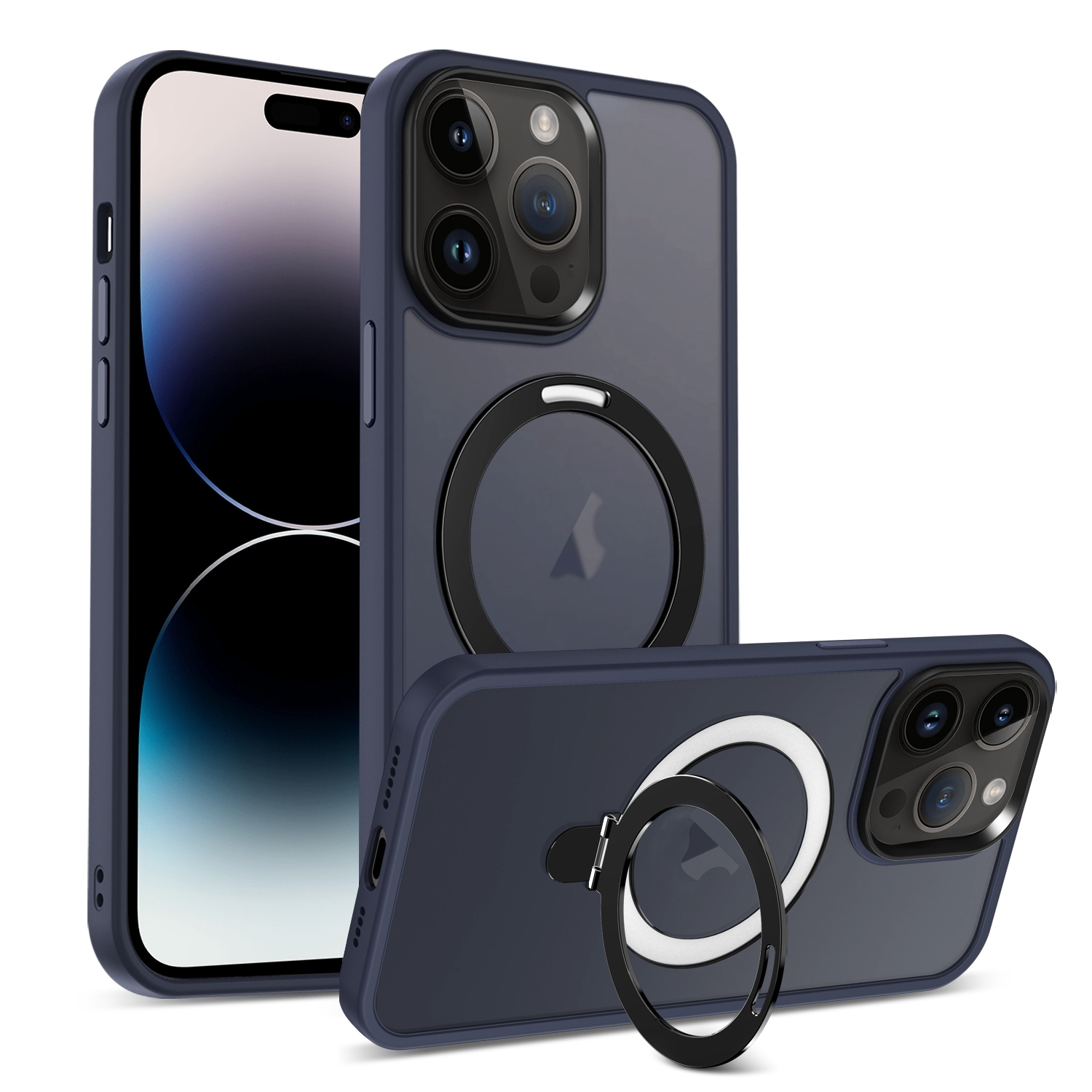 For iPhone 14 Pro Skin-feel MagSafe Holder PC Hybrid TPU Phone Case(Dark Blue) For iPhone 14 Pro Skin-feel MagSafe Holder PC Hybrid TPU Phone Case(Dark Blue)