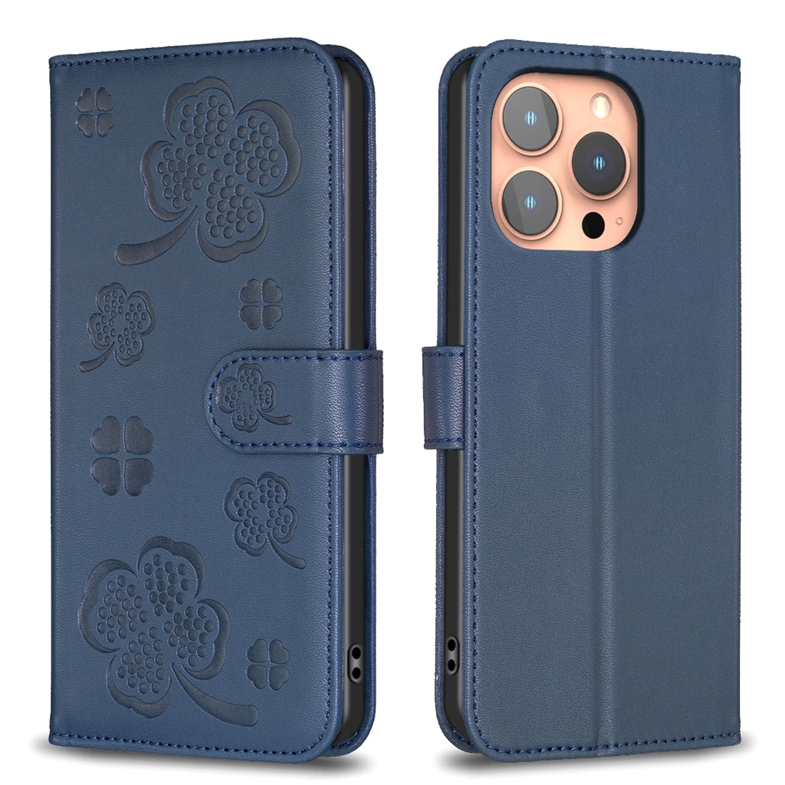 For iPhone 15 Pro Four-leaf Embossed Leather Phone Case(Blue) For iPhone 15 Pro Four-leaf Embossed Leather Phone Case(Blue)