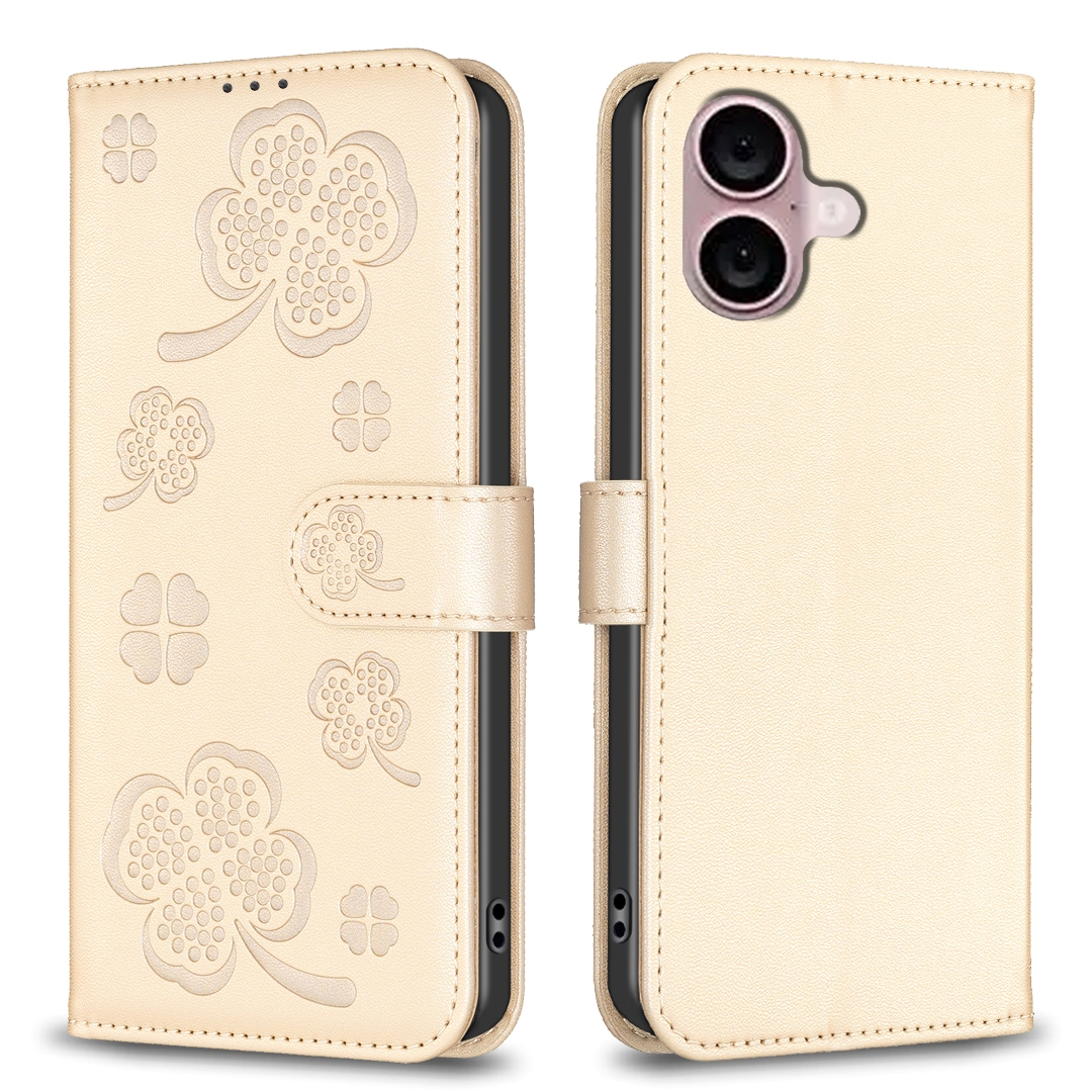 For iPhone 16 Plus Four-leaf Embossed Leather Phone Case(Gold) For iPhone 16 Plus Four-leaf Embossed Leather Phone Case(Gold)