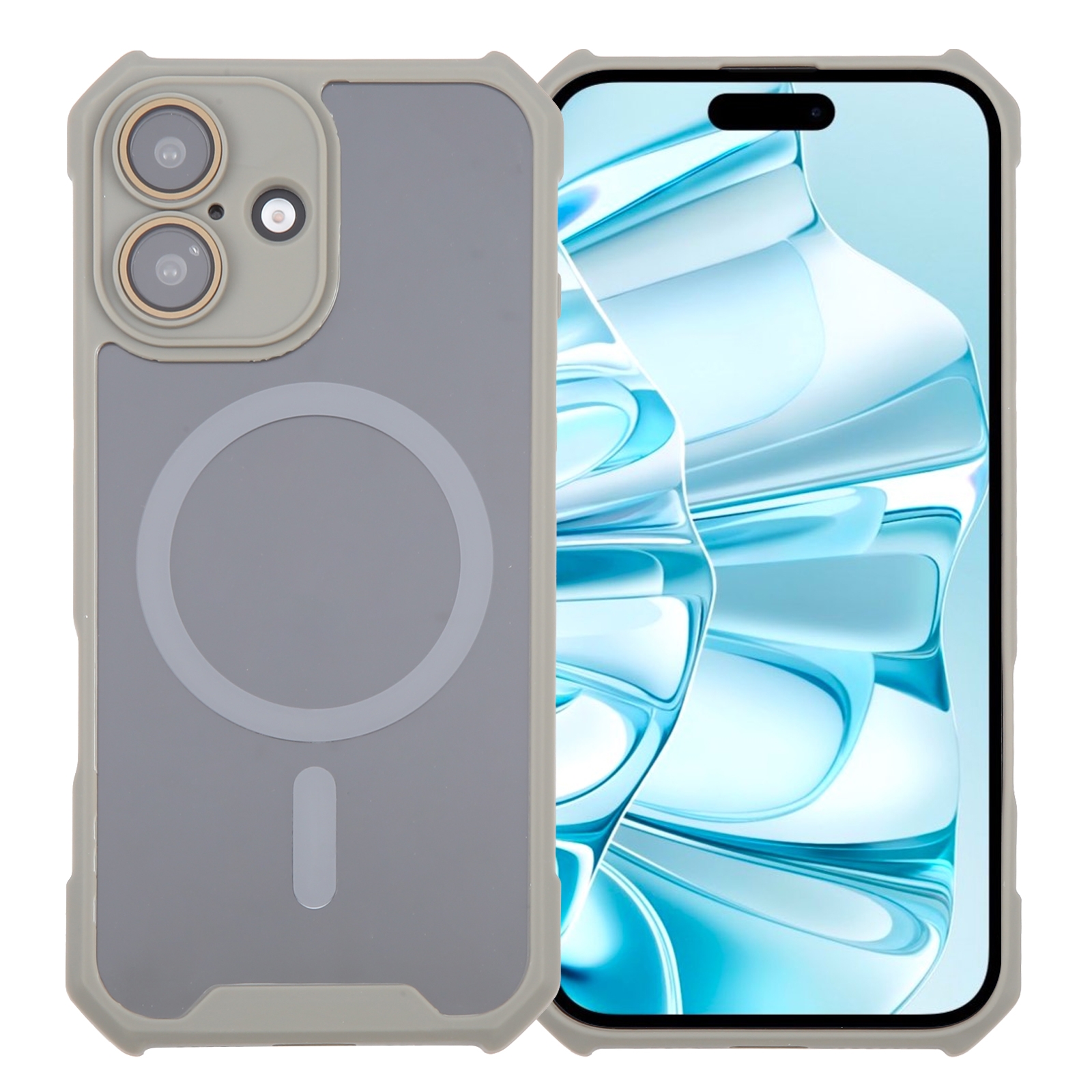 For iPhone 16 Plus Colorful Two-Color Lens Film MagSafe Magnetic Horn Acrylic+TPU Case(Grey) For iPhone 16 Plus Colorful Two-Color Lens Film MagSafe Magnetic Horn Acrylic+TPU Case(Grey)