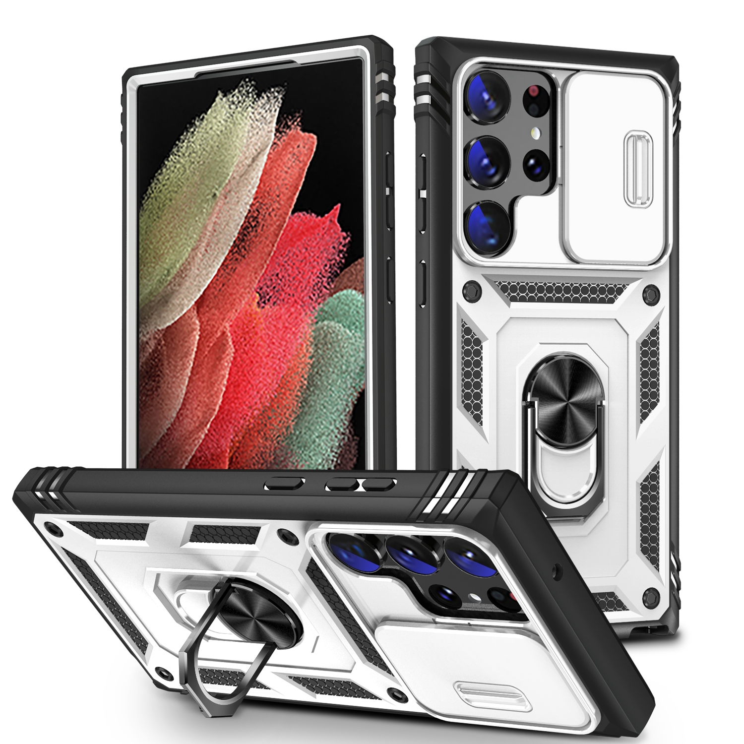 For Samsung Galaxy S24 Ultra 5G Sliding Camshield TPU + PC Phone Case with Holder(White+Black)