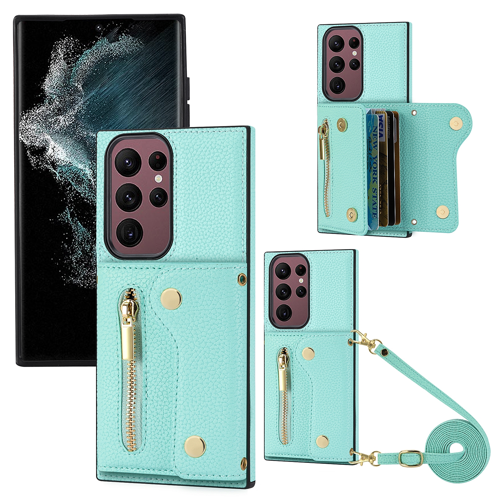 For Samsung Galaxy S23 Ultra DF-09 Crossbody Litchi texture Card Bag Design PU Phone Case(Cyan) For Samsung Galaxy S23 Ultra DF-09 Crossbody Litchi texture Card Bag Design PU Phone Case(Cyan)