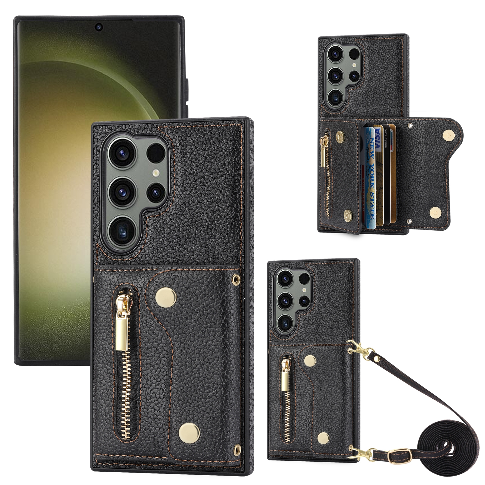 For Samsung Galaxy S24 Ultra DF-09 Crossbody Litchi texture Card Bag Design PU Phone Case(Black) For Samsung Galaxy S24 Ultra DF-09 Crossbody Litchi texture Card Bag Design PU Phone Case(Black)