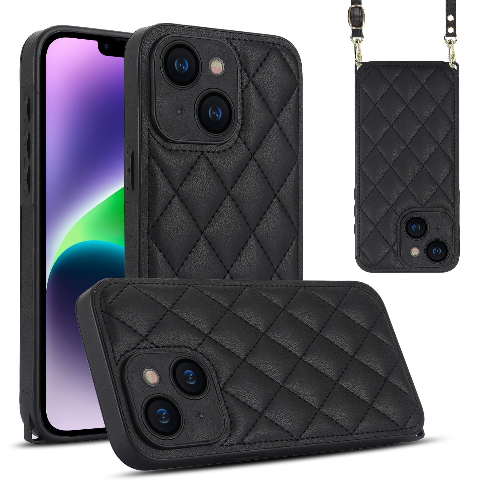 For iPhone 14 Rhombic Texture Phone Case with Dual Lanyard(Black) For iPhone 14 Rhombic Texture Phone Case with Dual Lanyard(Black)