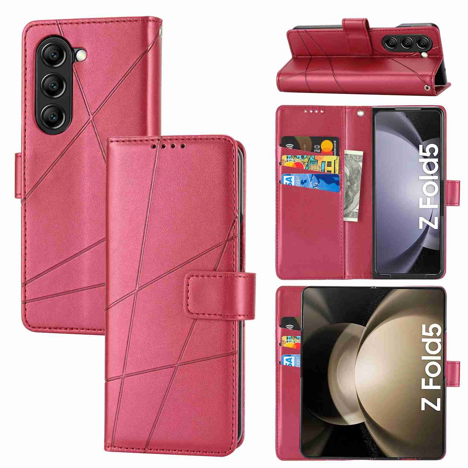 For Samsung Galaxy Z Fold5 PU Genuine Leather Texture Embossed Line Phone Case(Red) For Samsung Galaxy Z Fold5 PU Genuine Leather Texture Embossed Line Phone Case(Red)