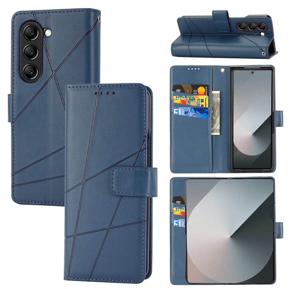 For Samsung Galaxy Z Fold6 PU Genuine Leather Texture Embossed Line Phone Case(Blue) For Samsung Galaxy Z Fold6 PU Genuine Leather Texture Embossed Line Phone Case(Blue)