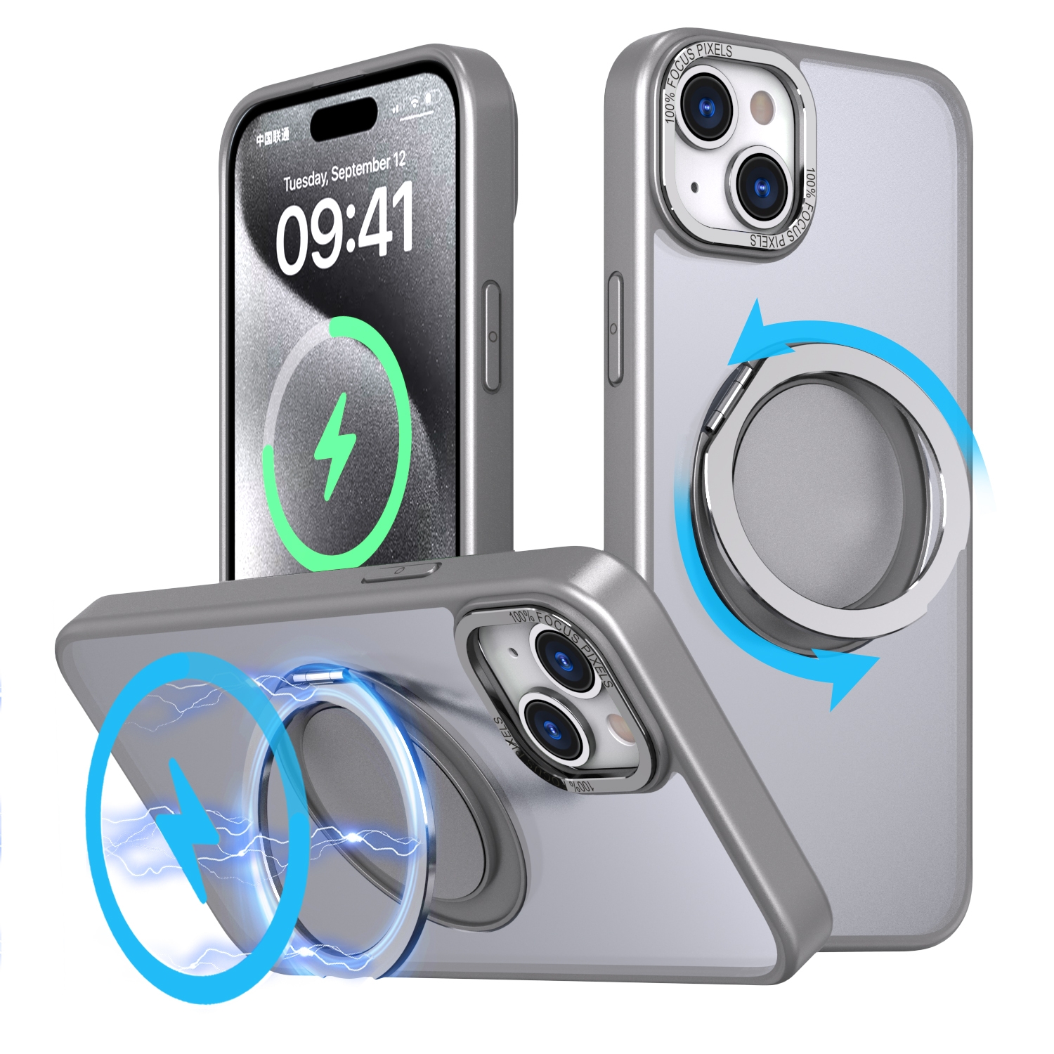 For iPhone 15 360-degree Rotating MagSafe Magnetic Holder Phone Case(Titanium Grey) For iPhone 15 360-degree Rotating MagSafe Magnetic Holder Phone Case(Titanium Grey)