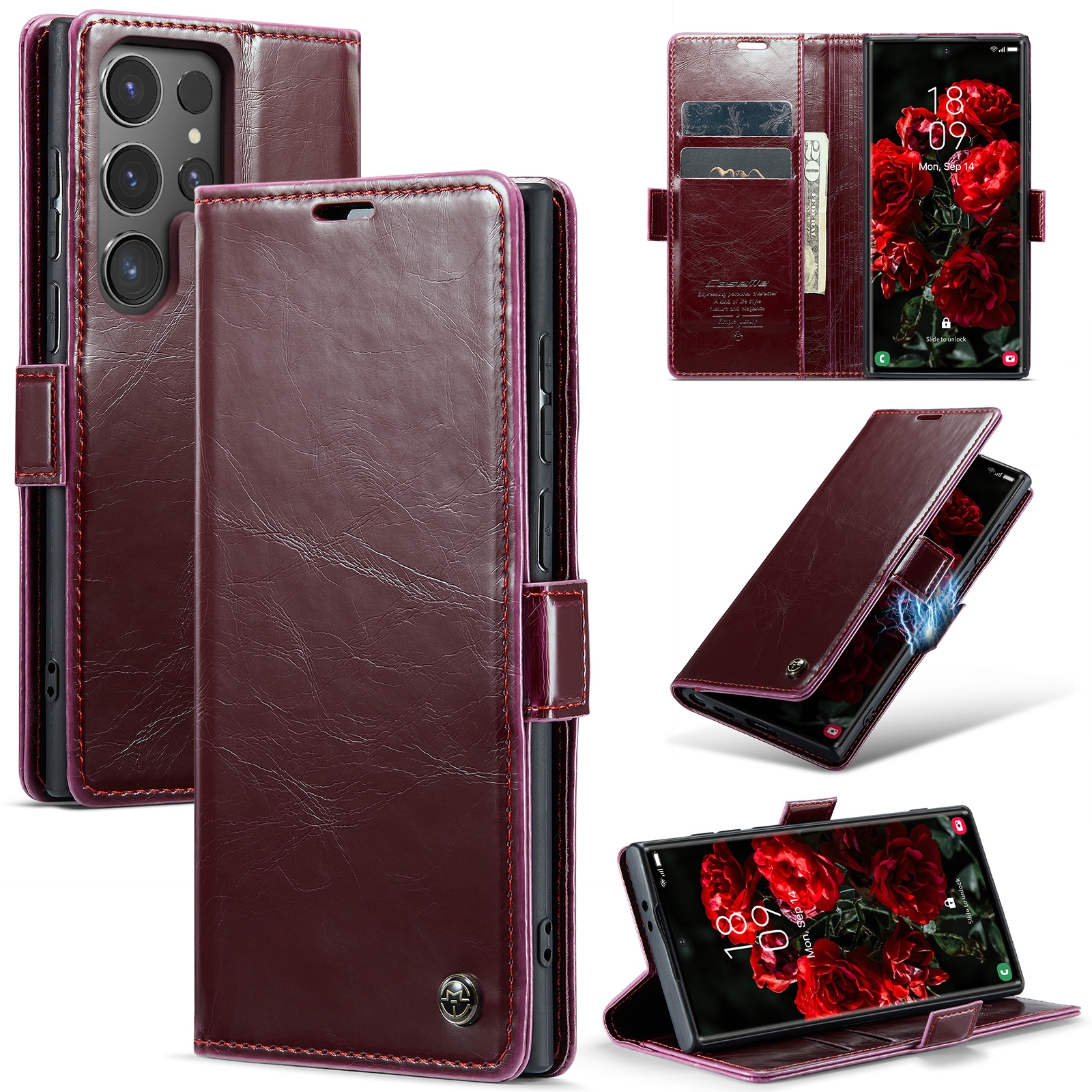 For Samsung Galaxy S24 Ultra 5G CaseMe 003 Crazy Horse Texture Flip Leather Phone Case(Mulberry Red)