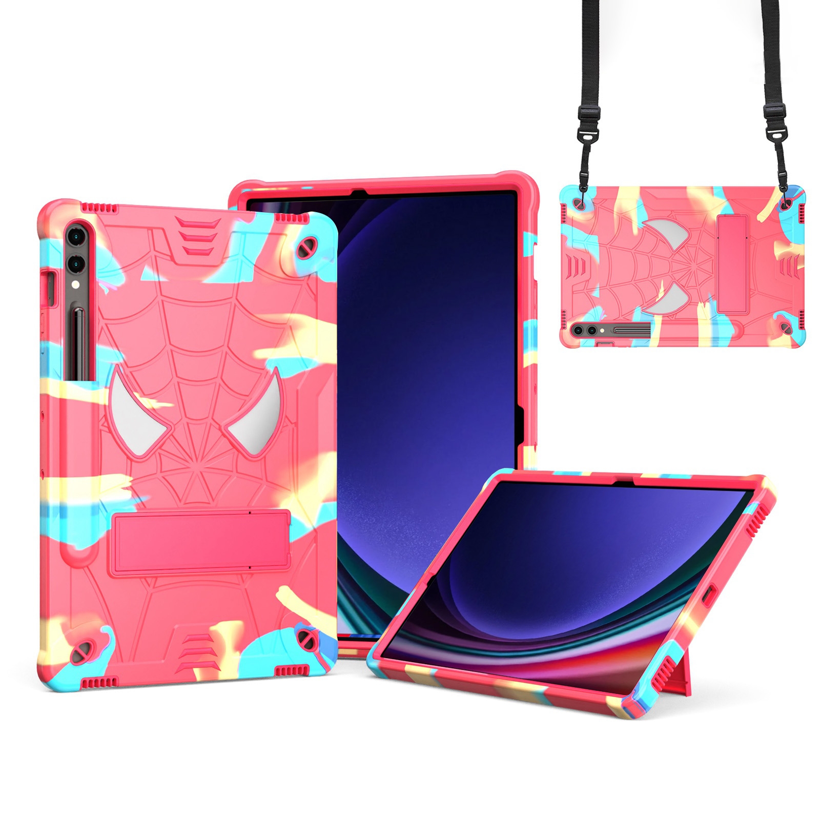 For Samsung Galaxy Tab S9 FE+ / S9+ Fold-Holder Spider Silicone Hybrid PC Tablet Case(Camouflage Rose Red)