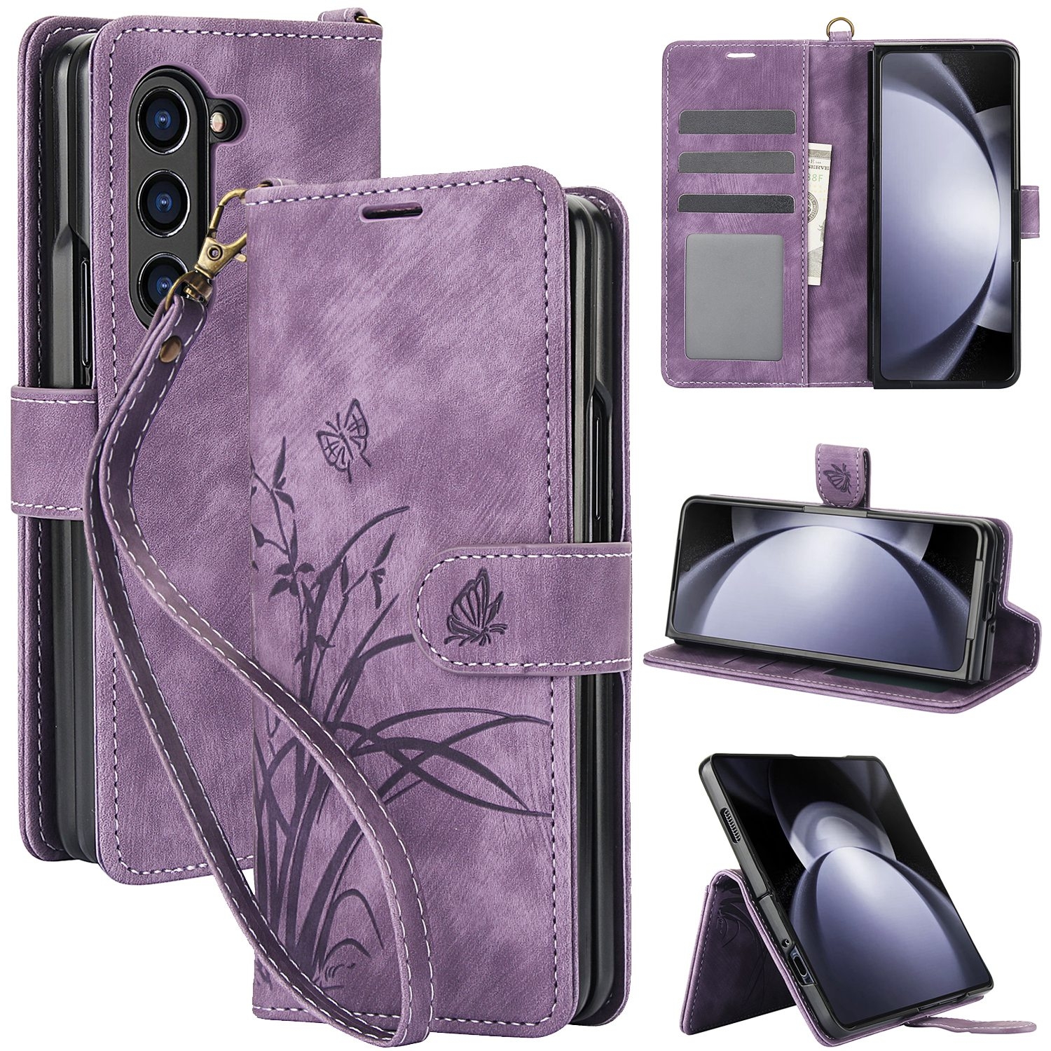 For Samsung Galaxy Z Fold5 Orchid Butterfly Embossed Leather Phone Case(Purple) For Samsung Galaxy Z Fold5 Orchid Butterfly Embossed Leather Phone Case(Purple)