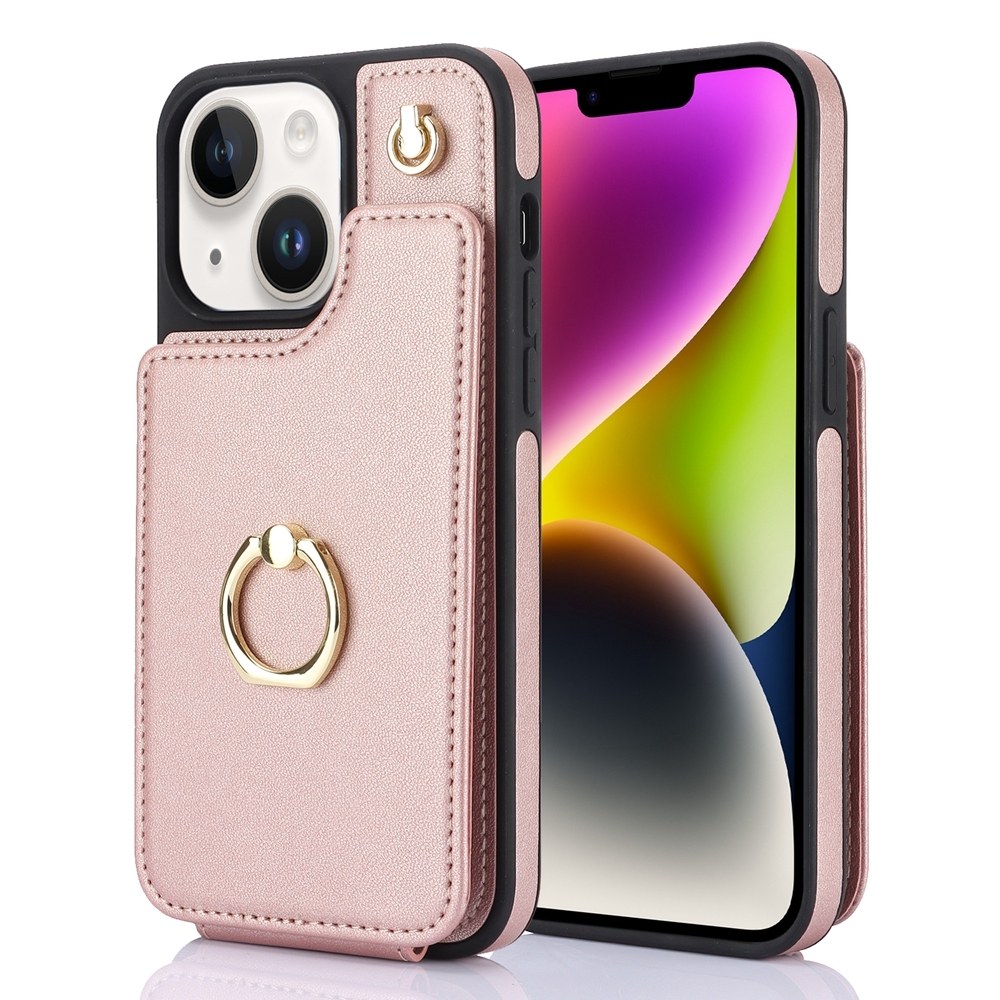 For iPhone 14 Plus YM005 Skin Feel Card Bag Phone Case with Long Lanyard(Rose Gold) For iPhone 14 Plus YM005 Skin Feel Card Bag Phone Case with Long Lanyard(Rose Gold)