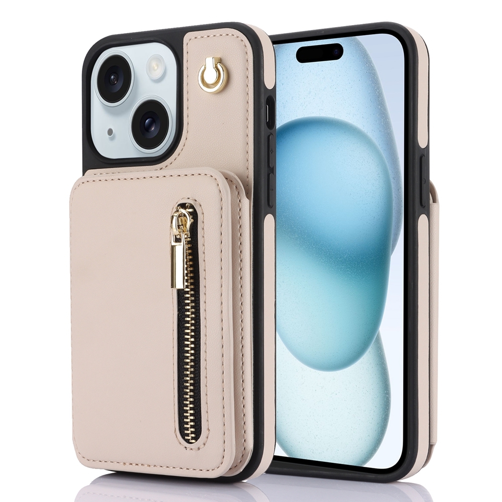 For iPhone 15 YM006 Skin Feel Zipper Card Bag Phone Case with Dual Lanyard(Apricot) For iPhone 15 YM006 Skin Feel Zipper Card Bag Phone Case with Dual Lanyard(Apricot)