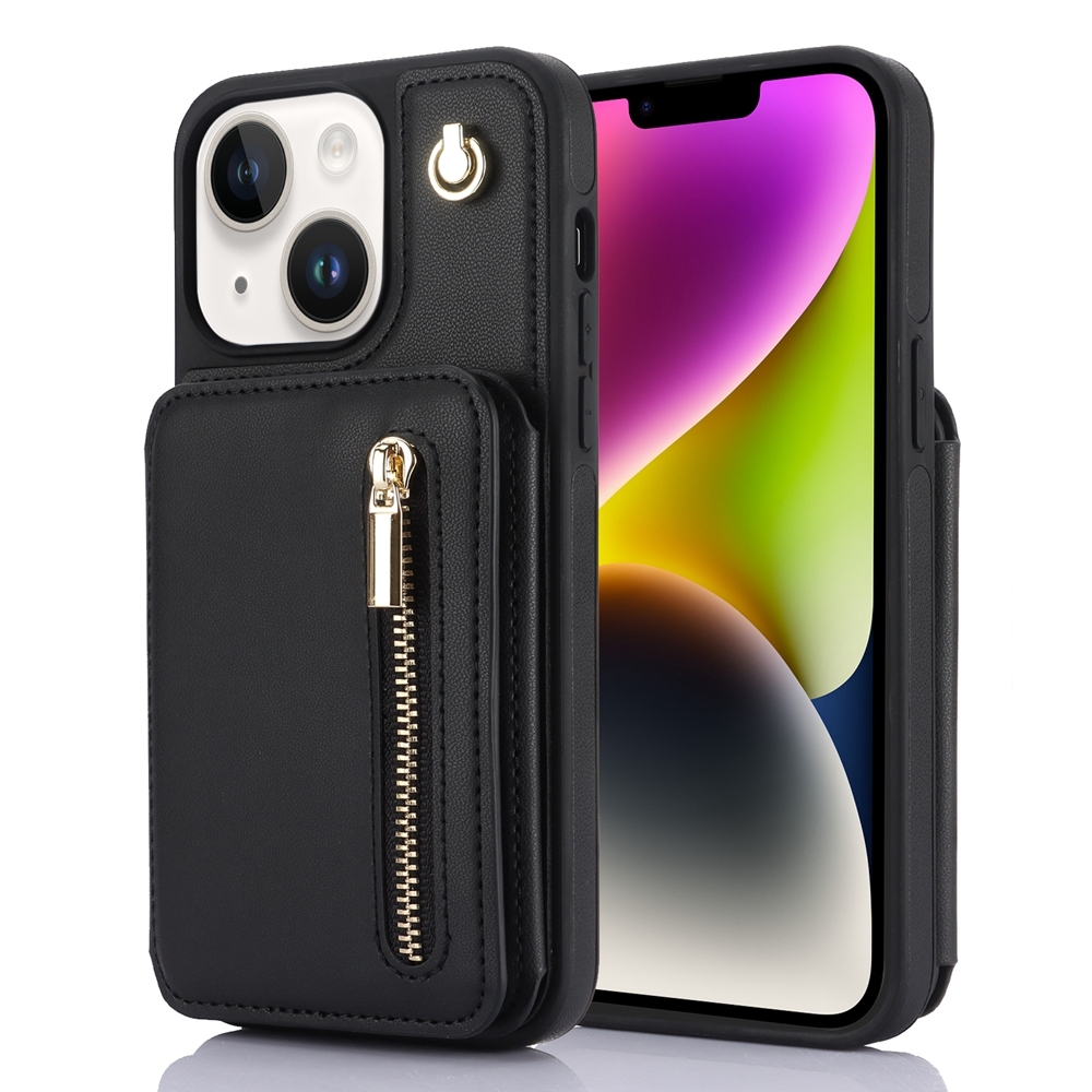 For iPhone 14 YM006 Skin Feel Zipper Card Bag Phone Case with Dual Lanyard(Black) For iPhone 14 YM006 Skin Feel Zipper Card Bag Phone Case with Dual Lanyard(Black)