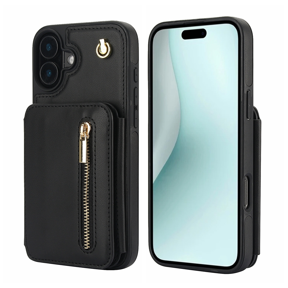 For iPhone 16 Plus YM006 Skin Feel Zipper Card Bag Phone Case with Dual Lanyard(Black) For iPhone 16 Plus YM006 Skin Feel Zipper Card Bag Phone Case with Dual Lanyard(Black)