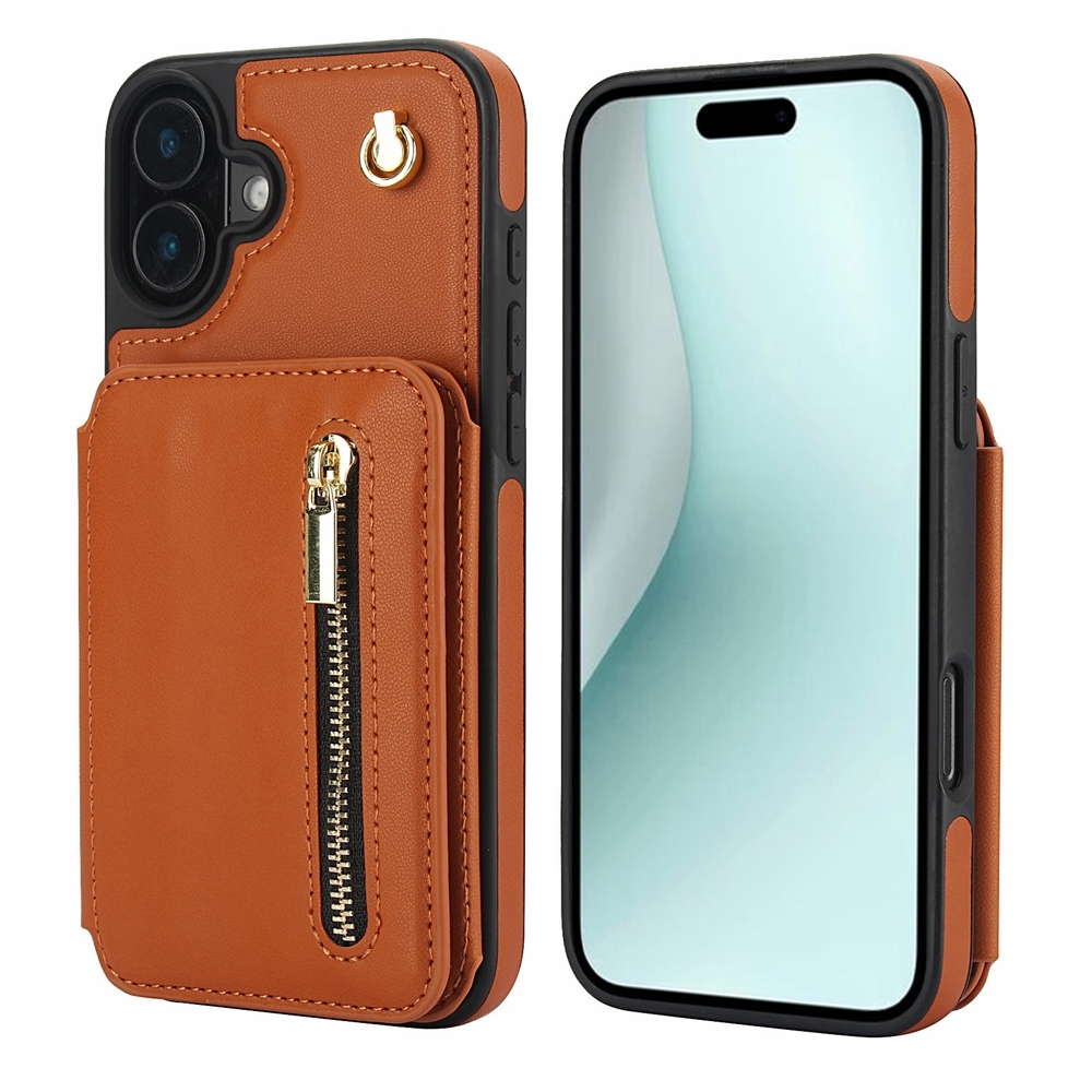 For iPhone 16 YM006 Skin Feel Zipper Card Bag Phone Case with Dual Lanyard(Brown) For iPhone 16 YM006 Skin Feel Zipper Card Bag Phone Case with Dual Lanyard(Brown)