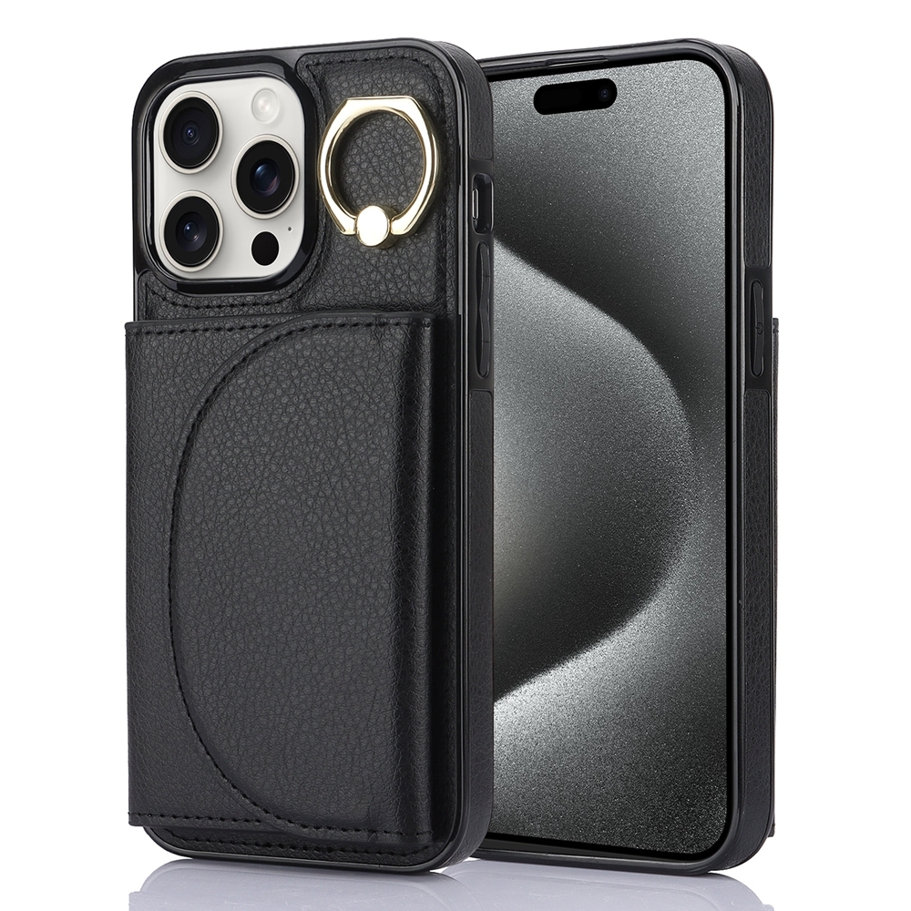 For iPhone 15 Pro Max YM007 Ring Holder Card Bag Skin Feel Phone Case(Black) For iPhone 15 Pro Max YM007 Ring Holder Card Bag Skin Feel Phone Case(Black)