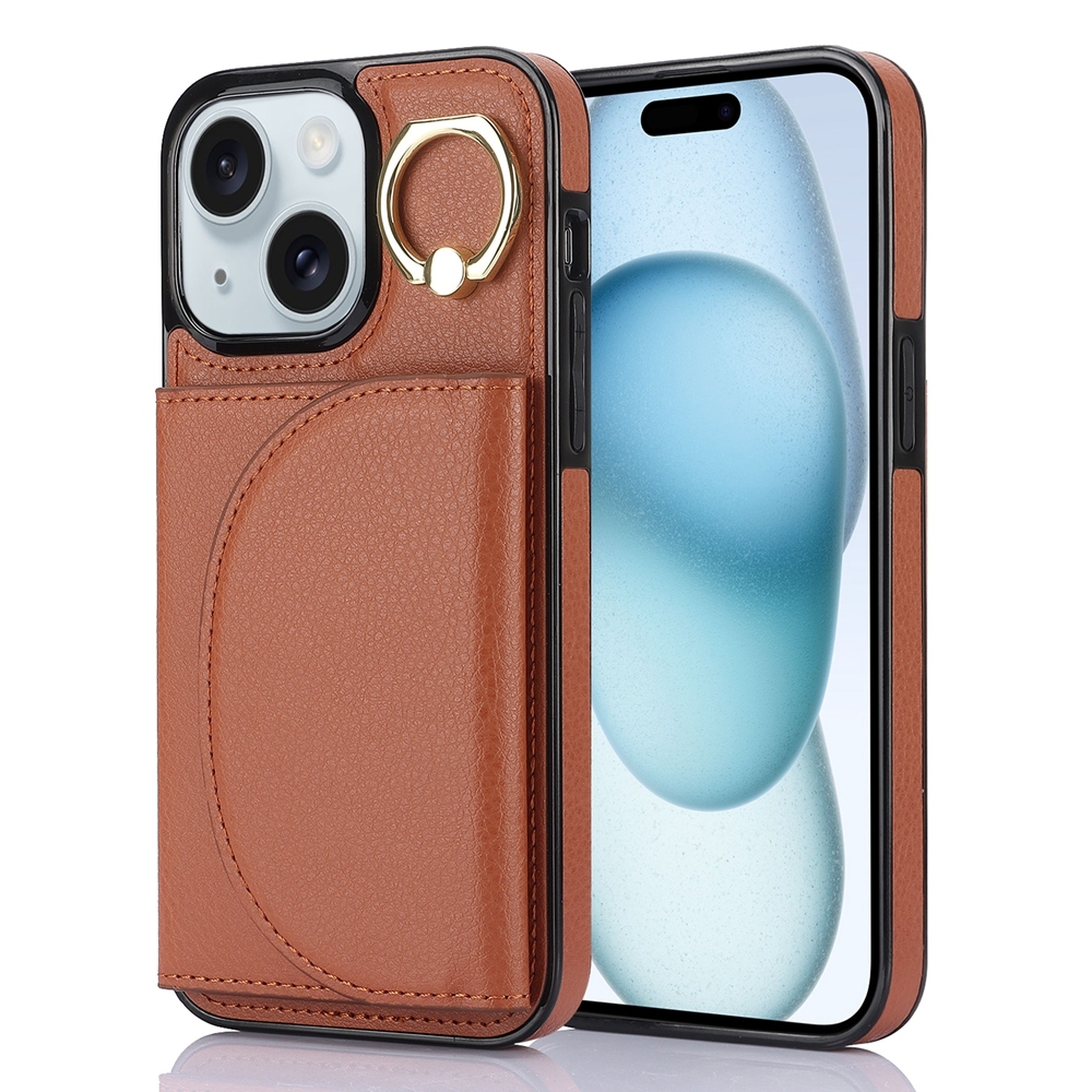 For iPhone 15 YM007 Ring Holder Card Bag Skin Feel Phone Case(Brown) For iPhone 15 YM007 Ring Holder Card Bag Skin Feel Phone Case(Brown)