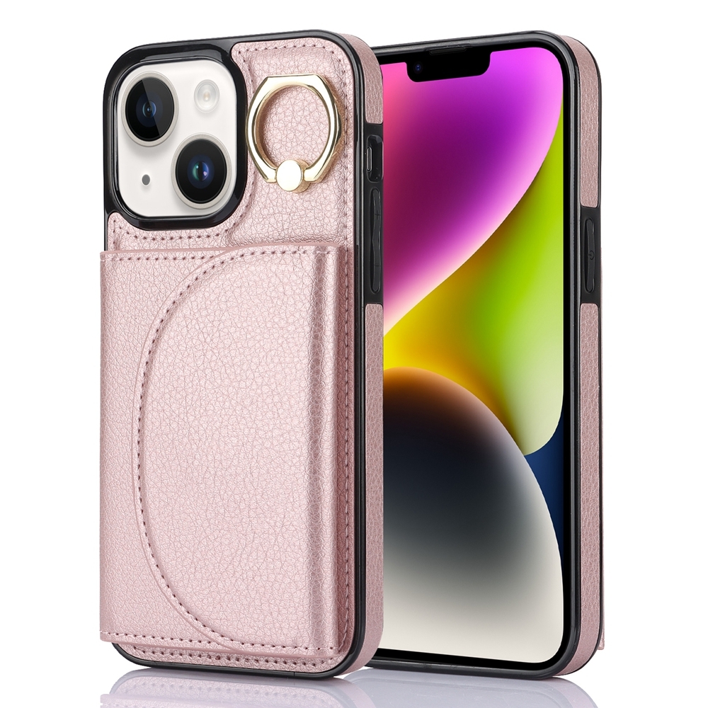 For iPhone 14 YM007 Ring Holder Card Bag Skin Feel Phone Case(Rose Gold) For iPhone 14 YM007 Ring Holder Card Bag Skin Feel Phone Case(Rose Gold)