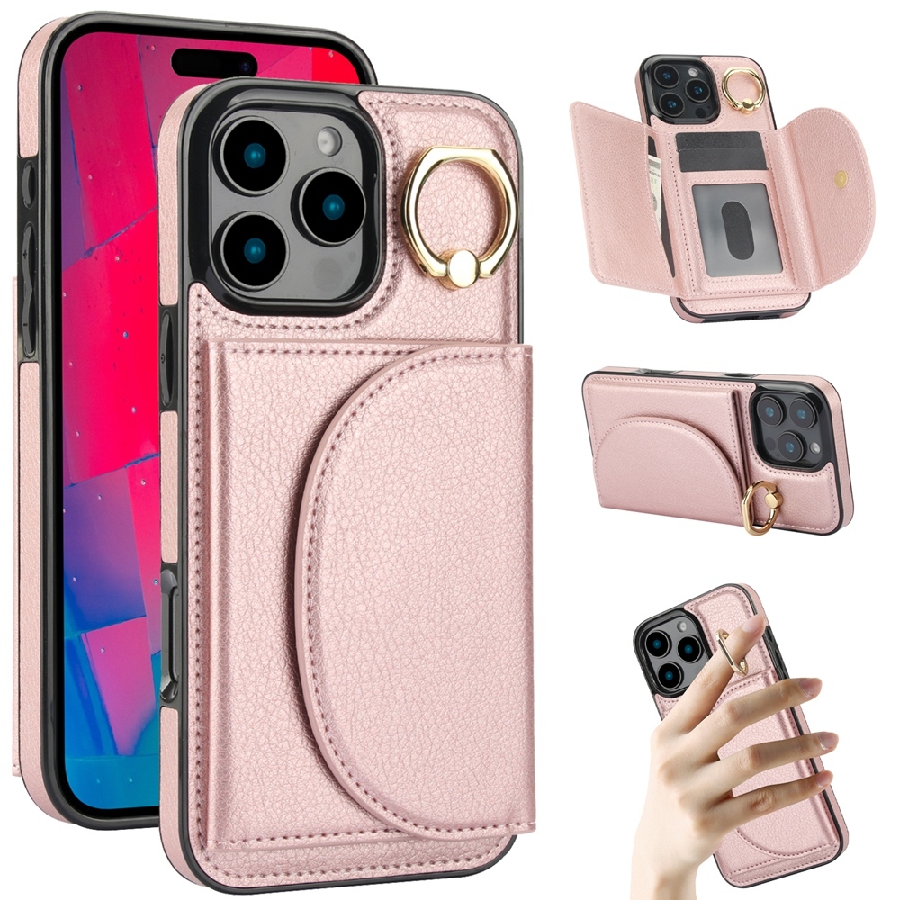 For iPhone 16 Pro YM007 Ring Holder Card Bag Skin Feel Phone Case(Rose Gold) For iPhone 16 Pro YM007 Ring Holder Card Bag Skin Feel Phone Case(Rose Gold)