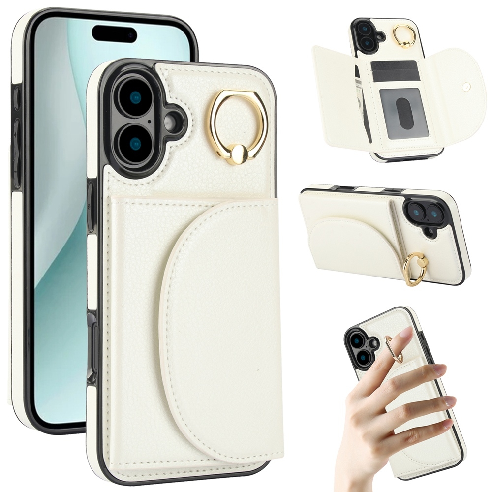 For iPhone 16 Plus YM007 Ring Holder Card Bag Skin Feel Phone Case(White) For iPhone 16 Plus YM007 Ring Holder Card Bag Skin Feel Phone Case(White)
