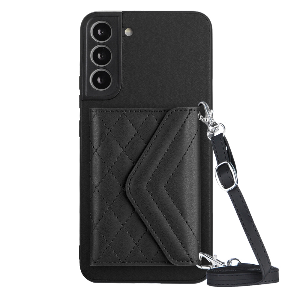 For Samsung Galaxy S22 5G Rhombic Texture Card Bag RFID Phone Case with Long Lanyard(Black) For Samsung Galaxy S22 5G Rhombic Texture Card Bag RFID Phone Case with Long Lanyard(Black)