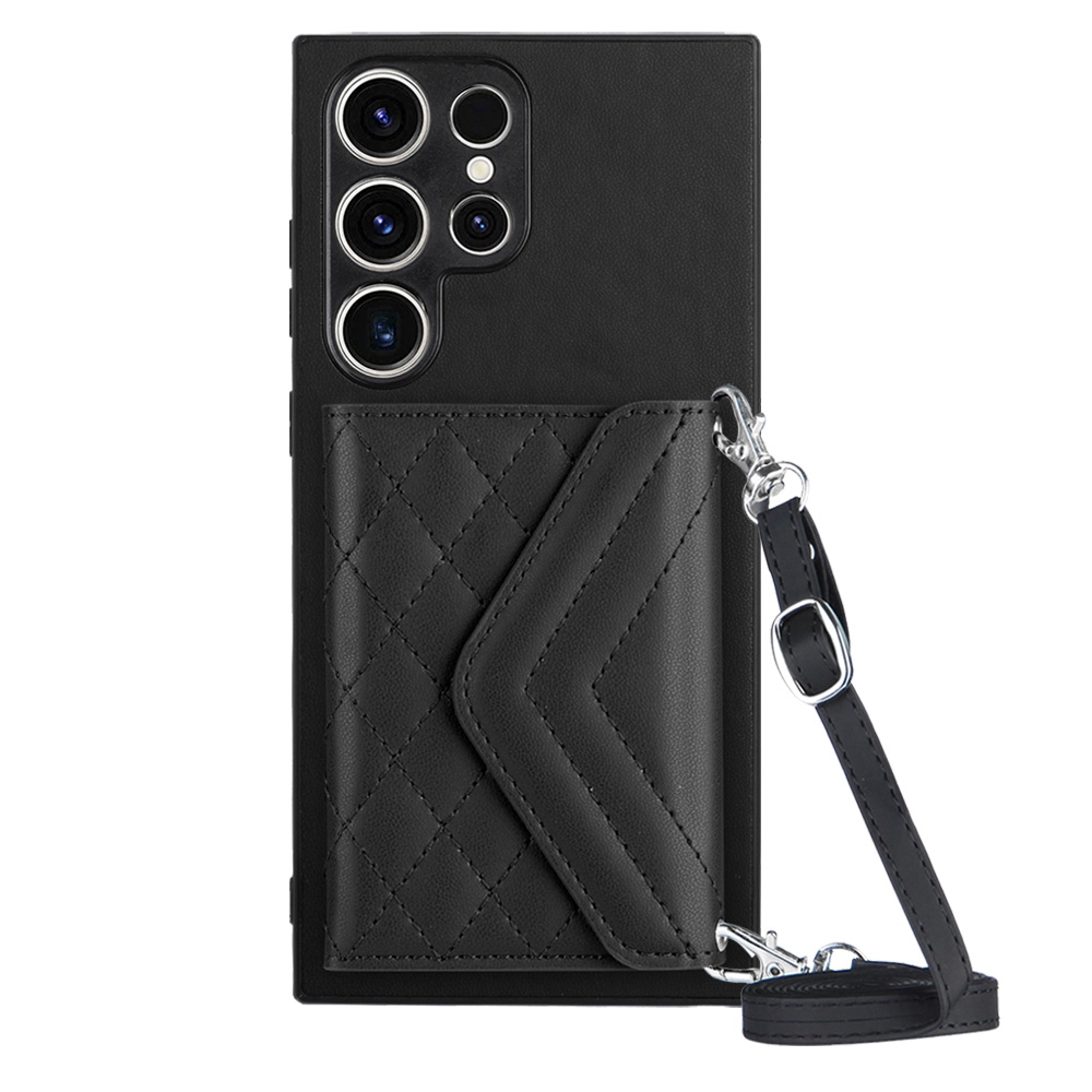 For Samsung Galaxy S23 Ultra 5G Rhombic Texture Card Bag RFID Phone Case with Long Lanyard(Black) For Samsung Galaxy S23 Ultra 5G Rhombic Texture Card Bag RFID Phone Case with Long Lanyard(Black)