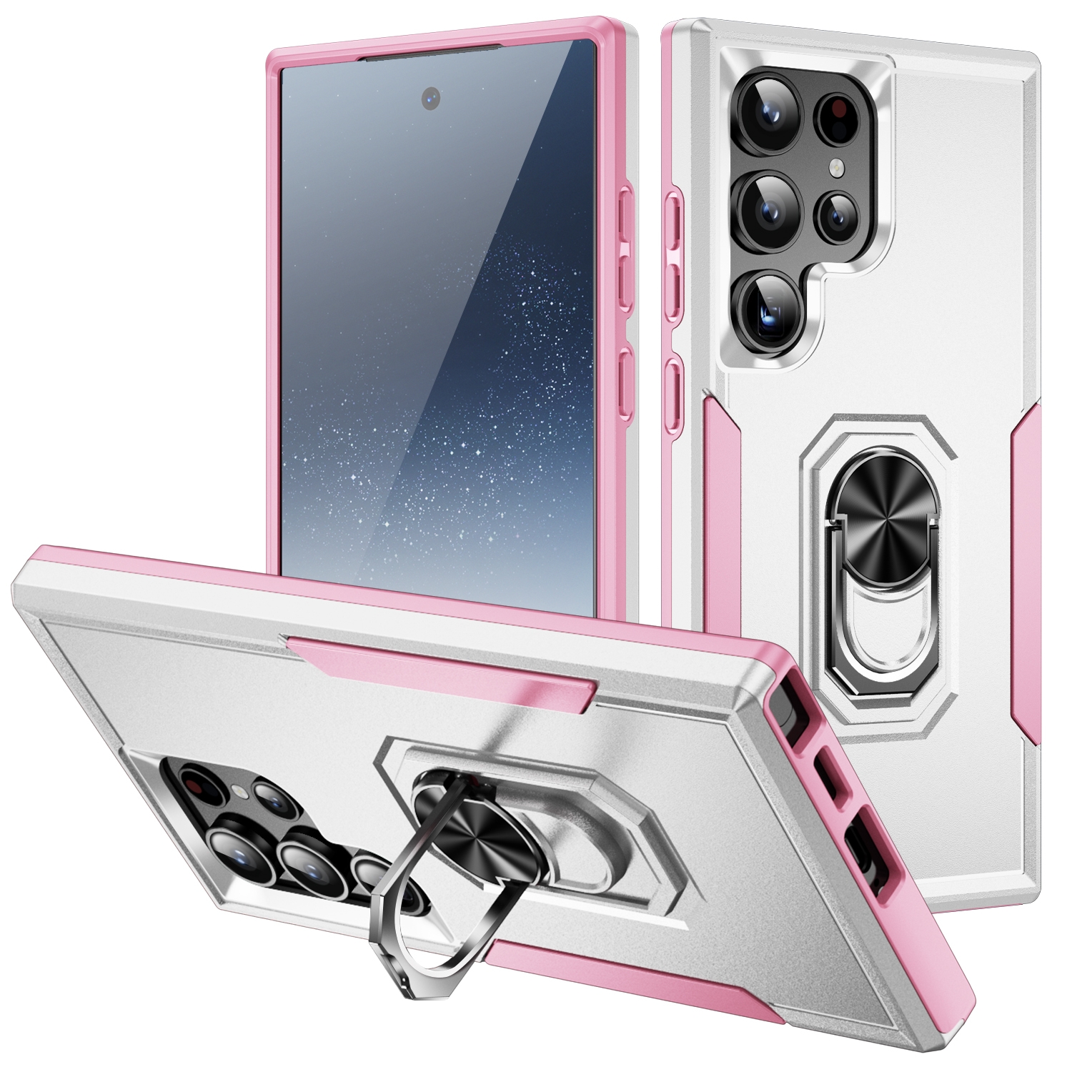 For Samsung Galaxy S24 Ultra 5G Pioneer Armor Heavy Duty PC + TPU Phone Case with Holder(White+Pink) For Samsung Galaxy S24 Ultra 5G Pioneer Armor Heavy Duty PC + TPU Phone Case with Holder(White+Pink)