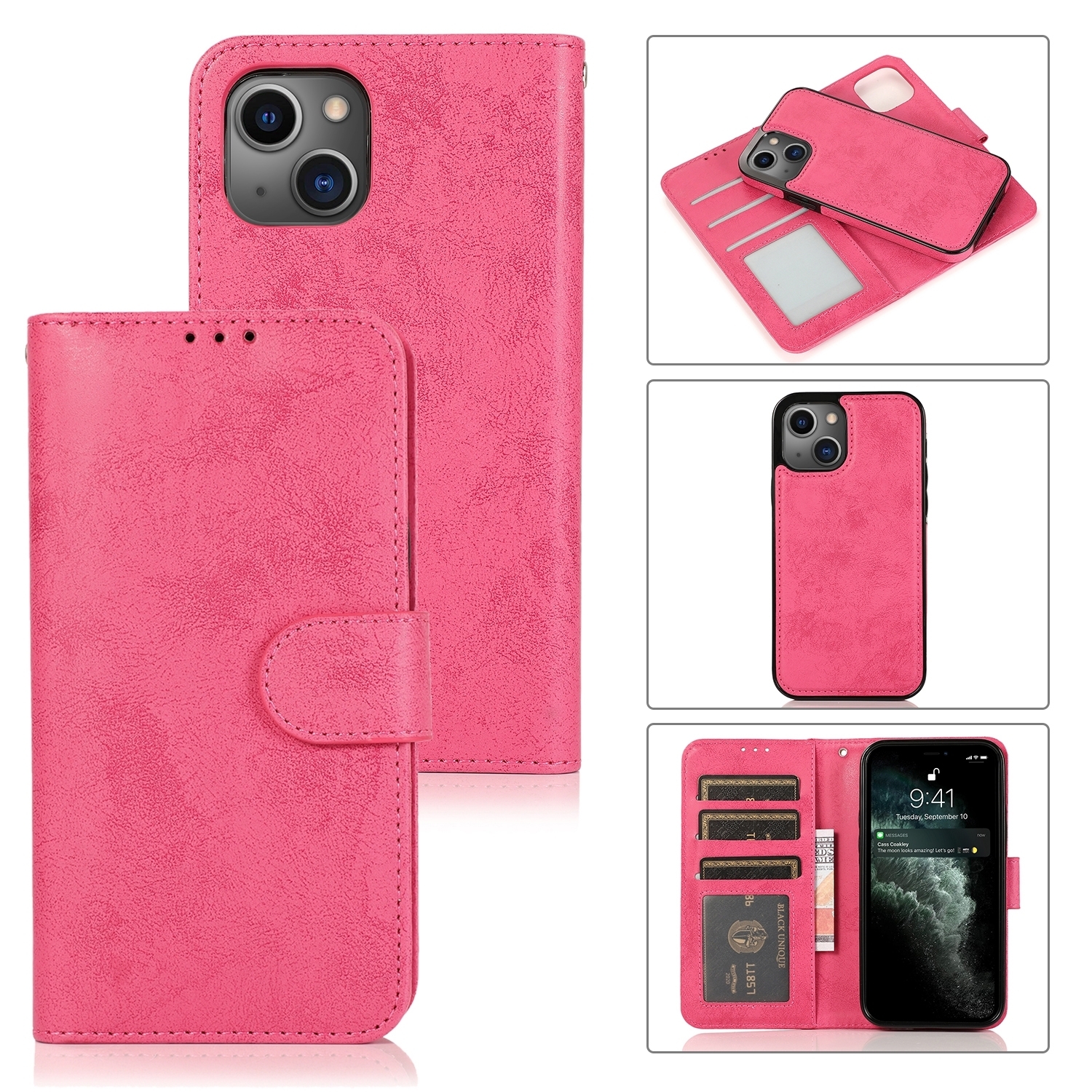 For iPhone 15 2 in 1 Detachable Phone Leather Case(Pink) For iPhone 15 2 in 1 Detachable Phone Leather Case(Pink)