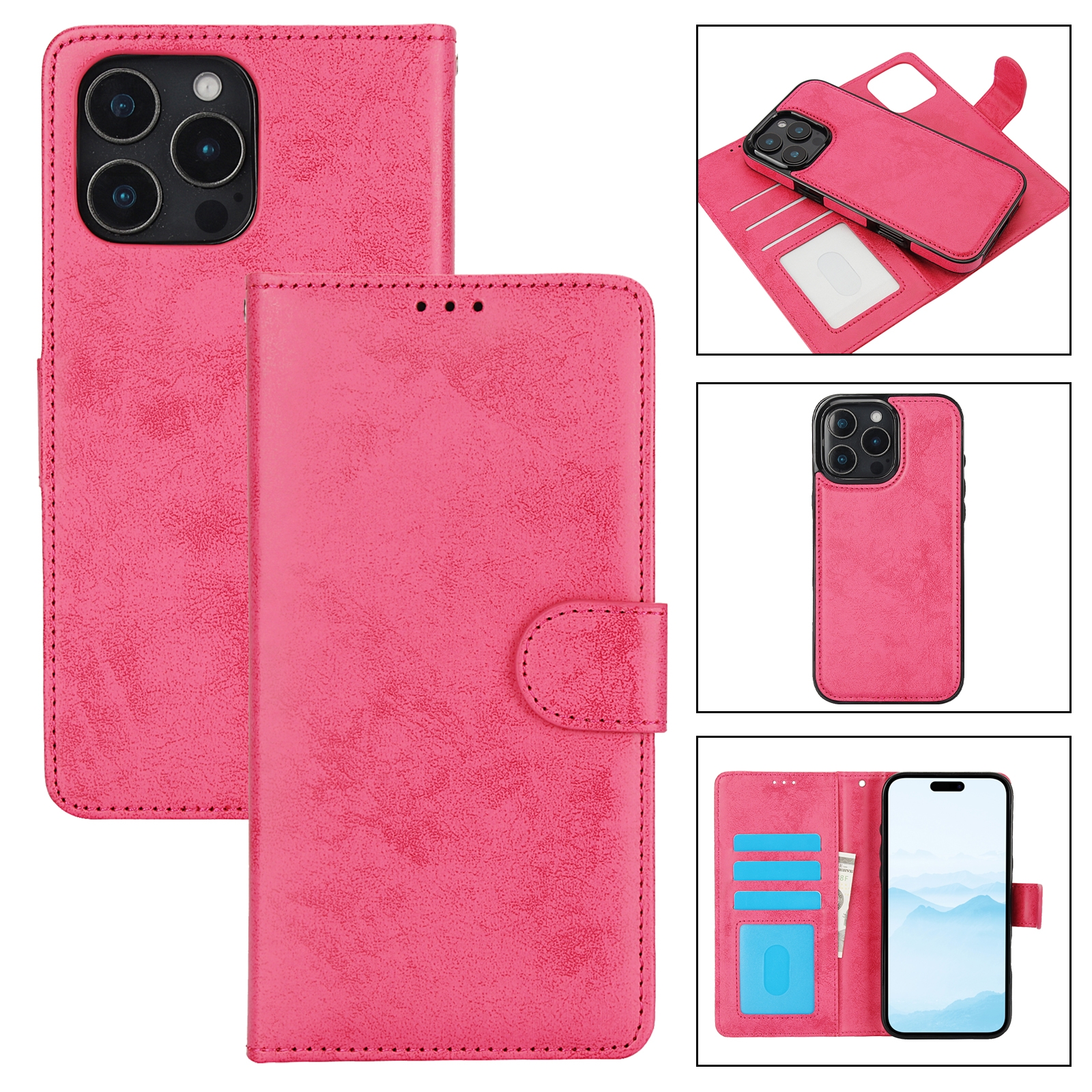 For iPhone 16 Pro Max 2 in 1 Detachable Phone Leather Case(Pink) For iPhone 16 Pro Max 2 in 1 Detachable Phone Leather Case(Pink)