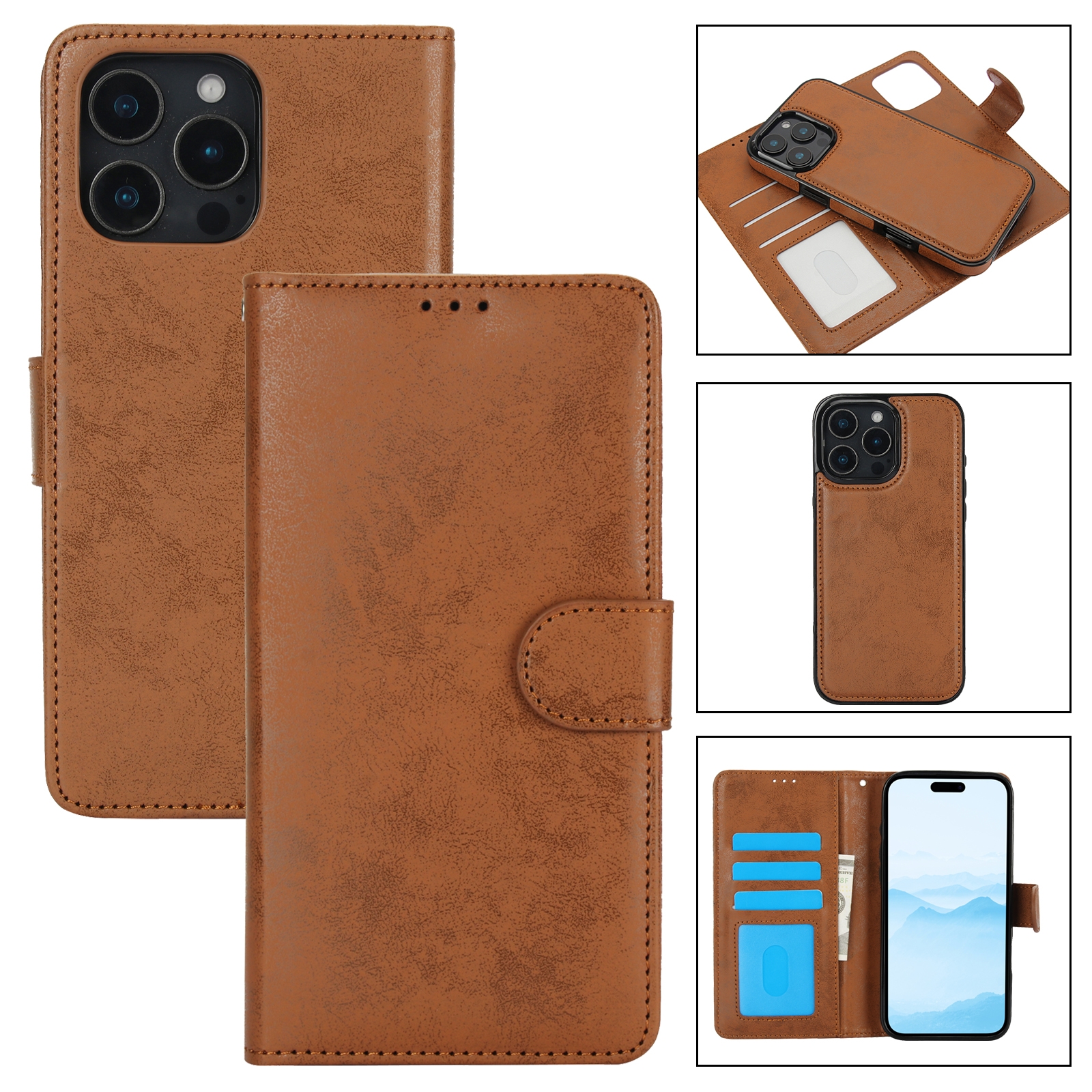 For iPhone 16 Pro 2 in 1 Detachable Phone Leather Case(Brown) For iPhone 16 Pro 2 in 1 Detachable Phone Leather Case(Brown)