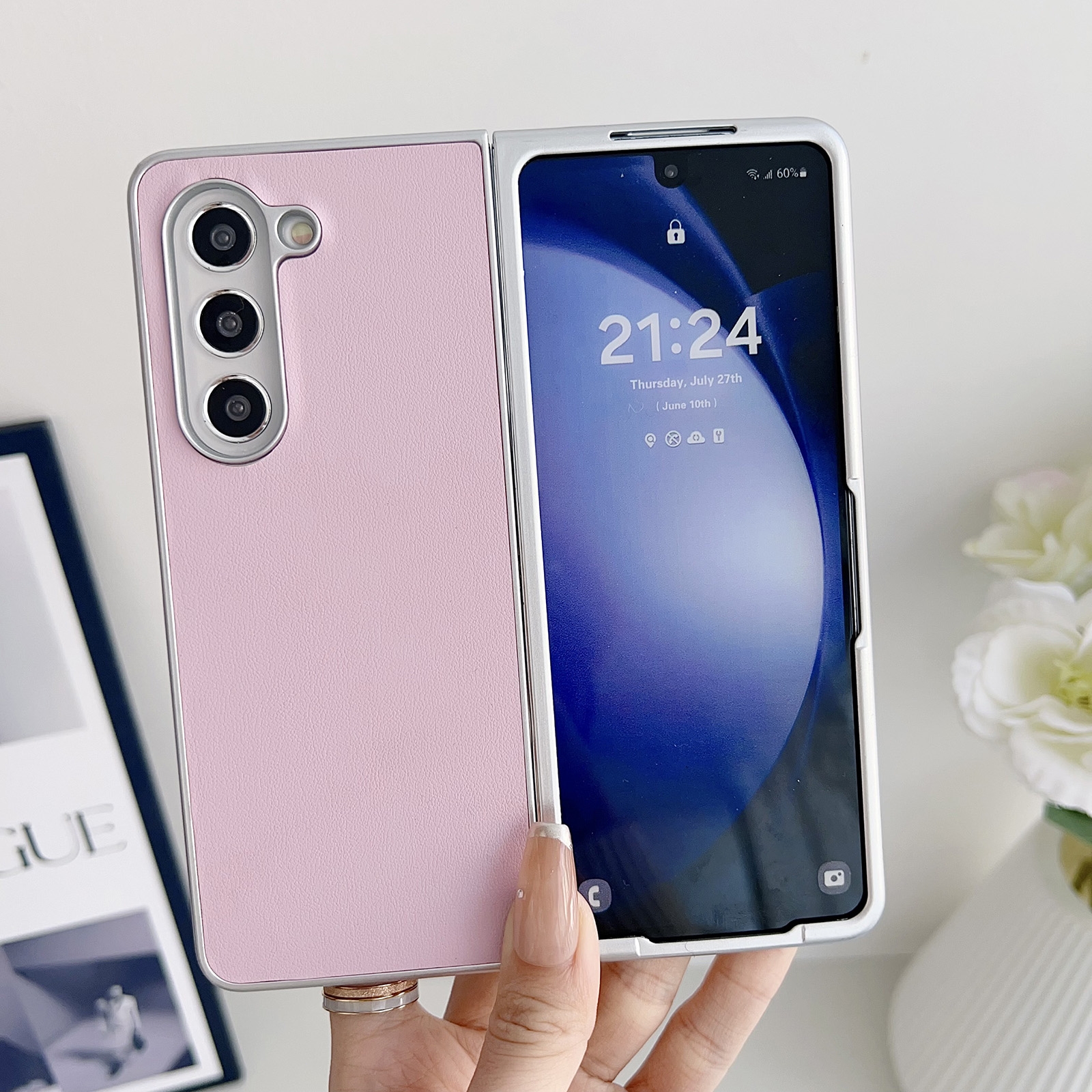 For Samsung Galaxy Z Fold5 5G Metallic Paint Leather Phone Case(Pink)