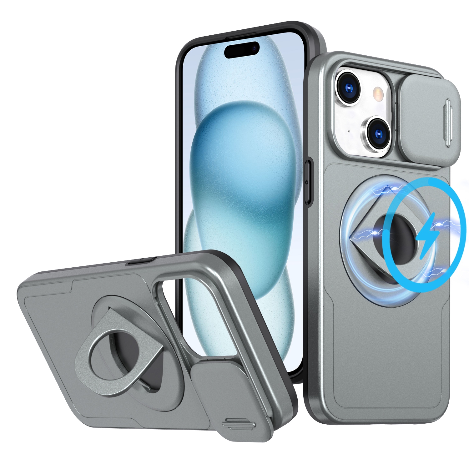 For iPhone 15 Plus Camshield MagSafe Ring Holder Armor Phone Case(Titanium Grey) For iPhone 15 Plus Camshield MagSafe Ring Holder Armor Phone Case(Titanium Grey)
