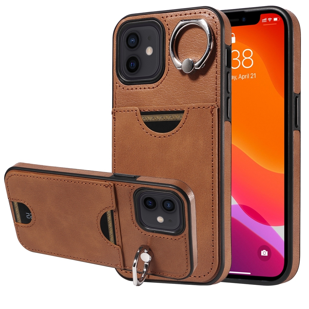 For iPhone 12 / 12 Pro Calf Texture Card Slot Ring Holder Phone Case(Brown) For iPhone 12 / 12 Pro Calf Texture Card Slot Ring Holder Phone Case(Brown)