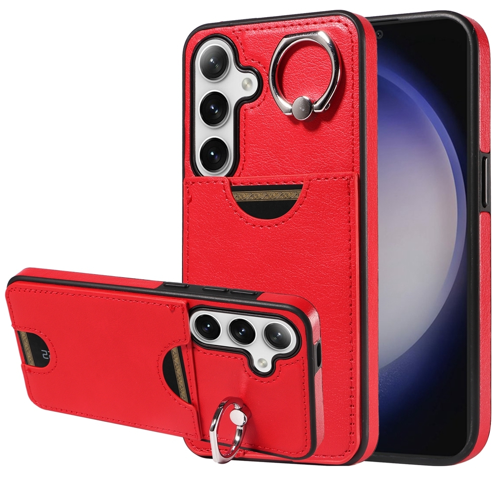 For Samsung Galaxy S24 5G Calf Texture Card Slot Ring Holder Phone Case(Red) For Samsung Galaxy S24 5G Calf Texture Card Slot Ring Holder Phone Case(Red)
