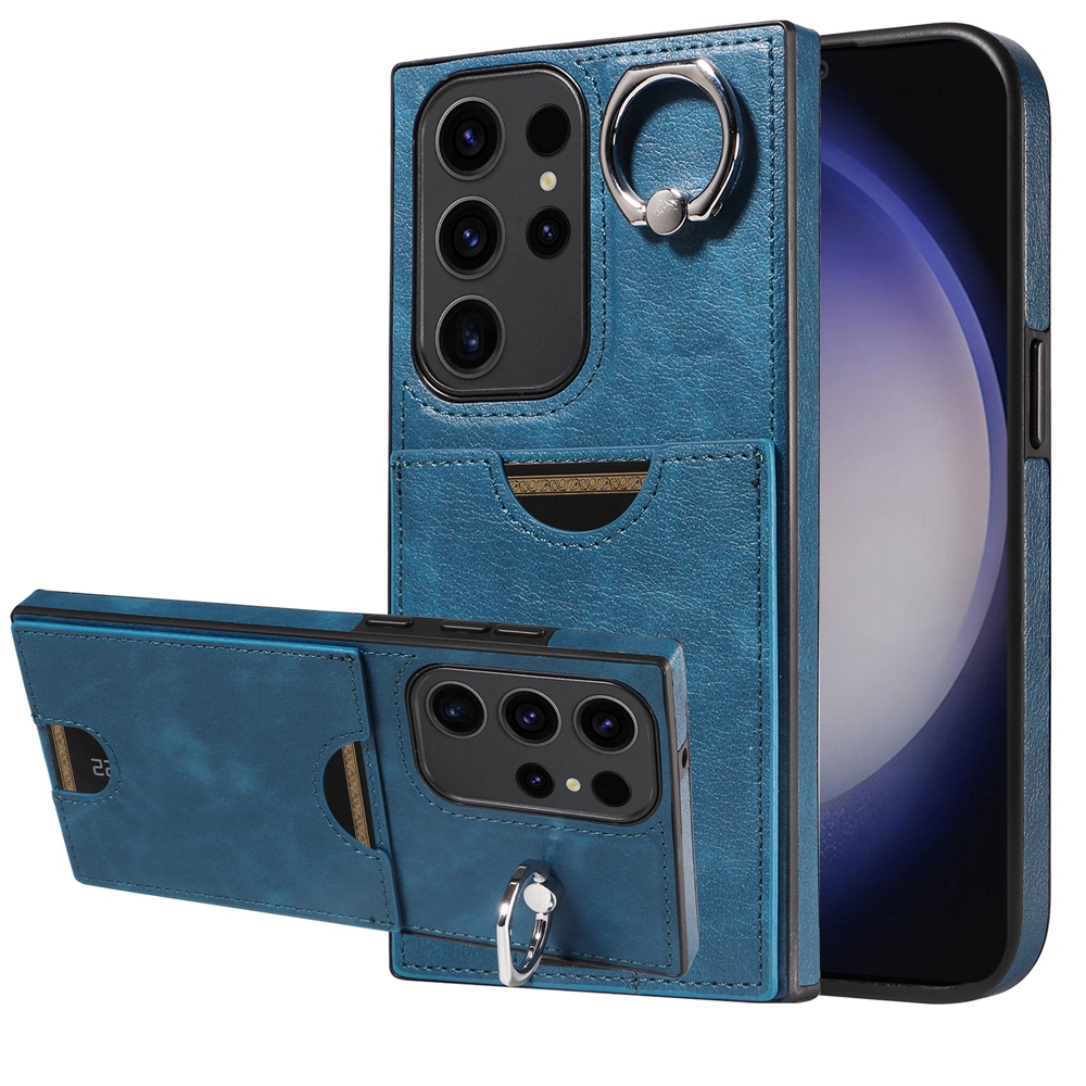 For Samsung Galaxy S23 Ultra 5G Calf Texture Card Slot Ring Holder Phone Case(Blue) For Samsung Galaxy S23 Ultra 5G Calf Texture Card Slot Ring Holder Phone Case(Blue)