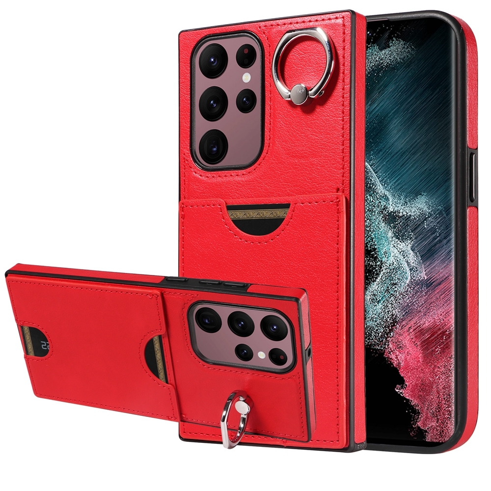 For Samsung Galaxy S22 Ultra 5G Calf Texture Card Slot Ring Holder Phone Case(Red)