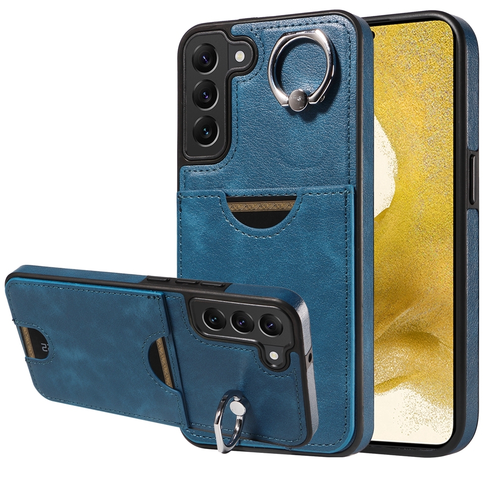 For Samsung Galaxy S22+ 5G Calf Texture Card Slot Ring Holder Phone Case(Blue) For Samsung Galaxy S22+ 5G Calf Texture Card Slot Ring Holder Phone Case(Blue)
