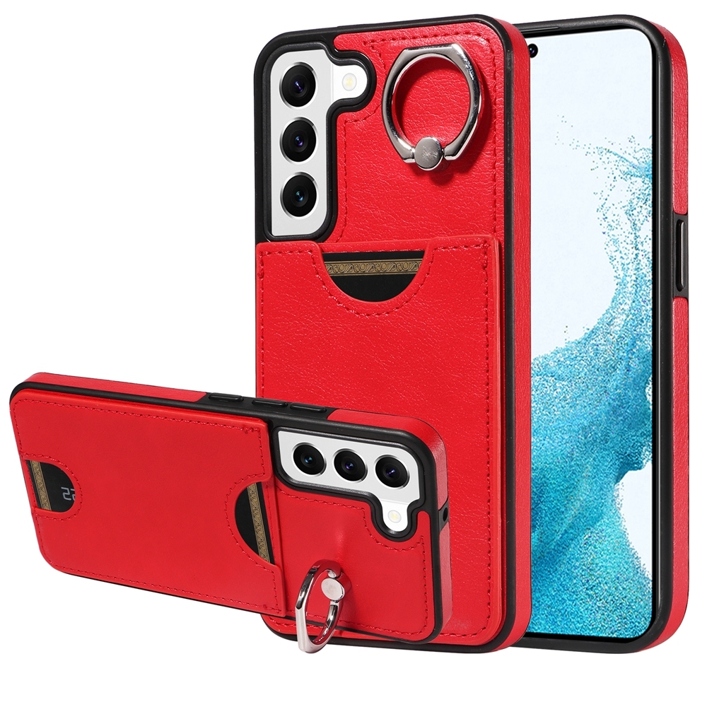 For Samsung Galaxy S22 5G Calf Texture Card Slot Ring Holder Phone Case(Red) For Samsung Galaxy S22 5G Calf Texture Card Slot Ring Holder Phone Case(Red)