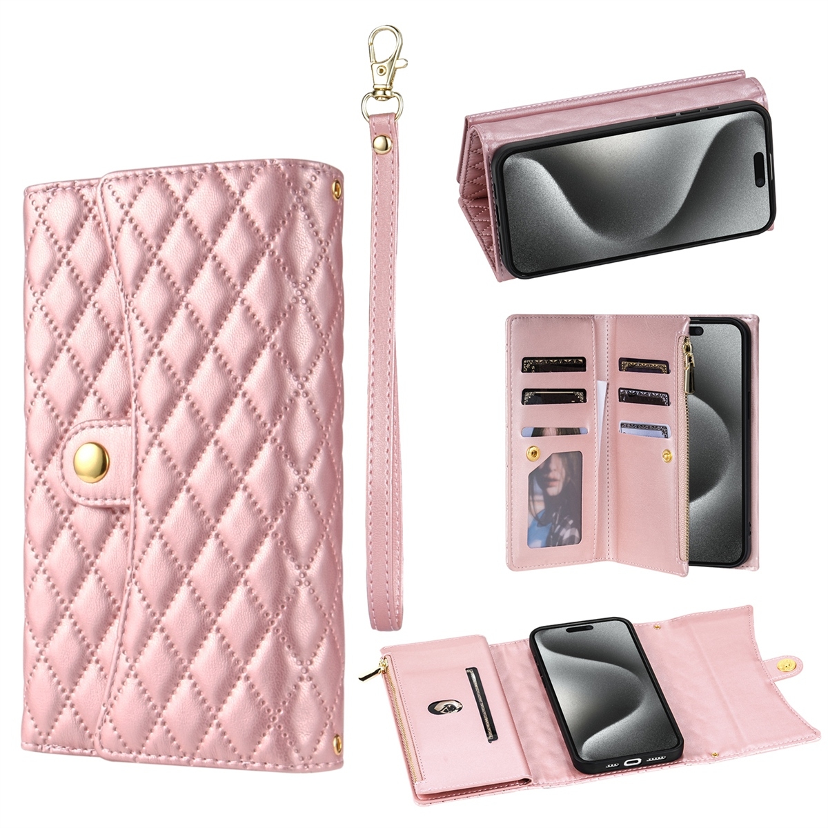 For iPhone 14 Pro Max Zipper Multi-Card Wallet Rhombic Leather Phone Case(Rose Gold) For iPhone 14 Pro Max Zipper Multi-Card Wallet Rhombic Leather Phone Case(Rose Gold)